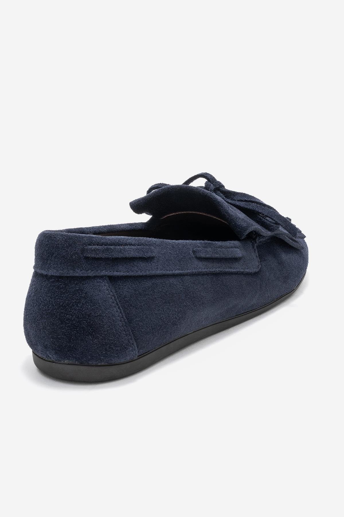 AXELI - Navy Suede Genuine Leather Loafer – heel view showing bow, leather, suede, Vowalisse