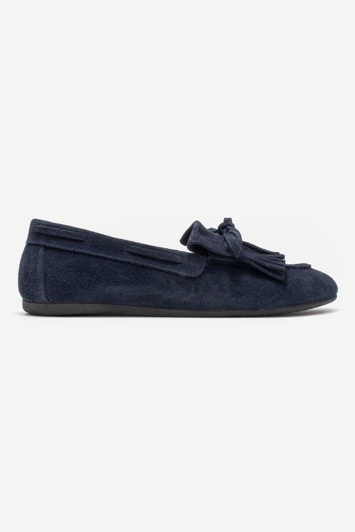 AXELI - Navy Suede Genuine Leather Loafer – back view showing bow, leather, suede, Vowalisse