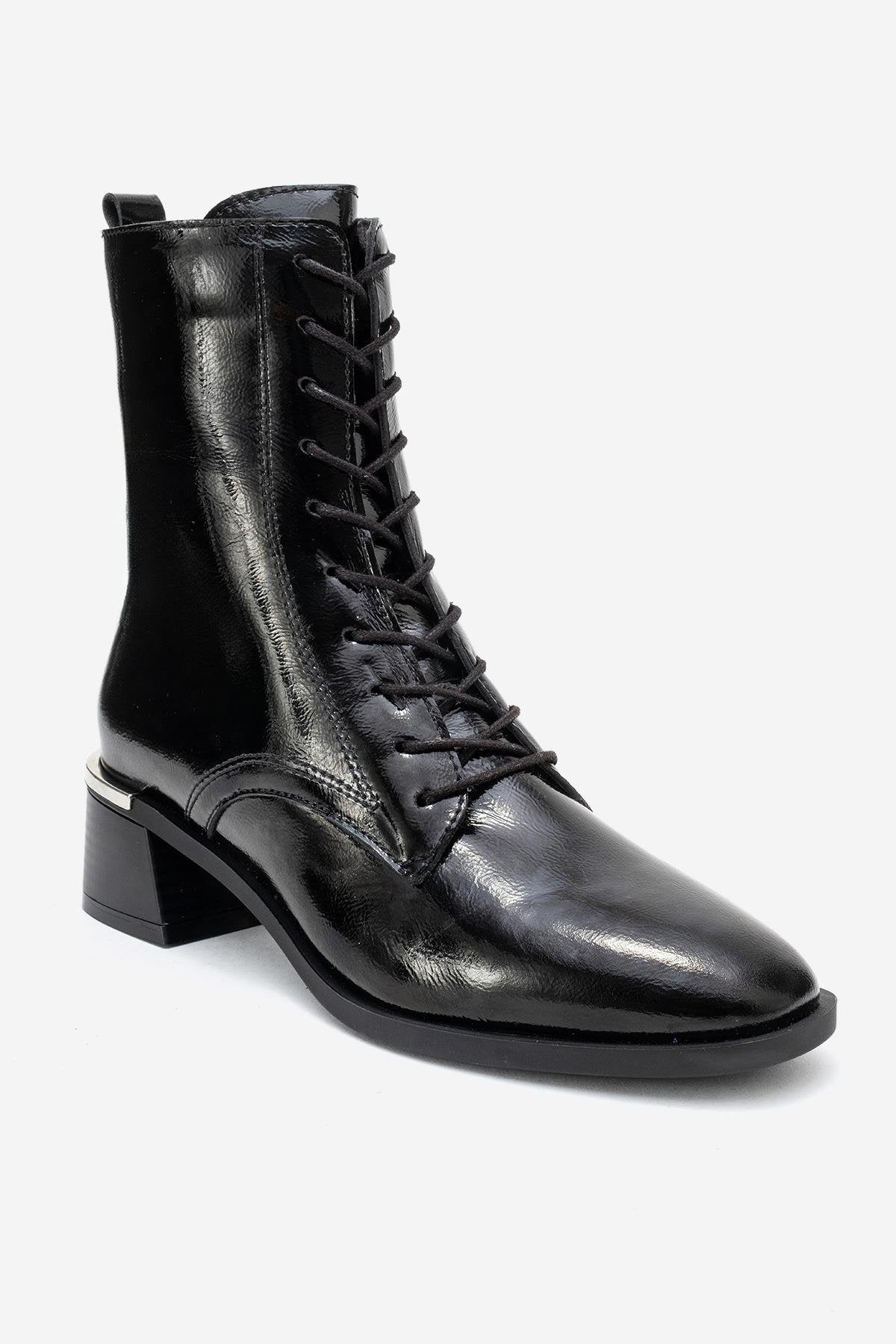 AVIA - Black Genuine Leather Block Heel Boot – detail view showing leather, black, Vowalisse