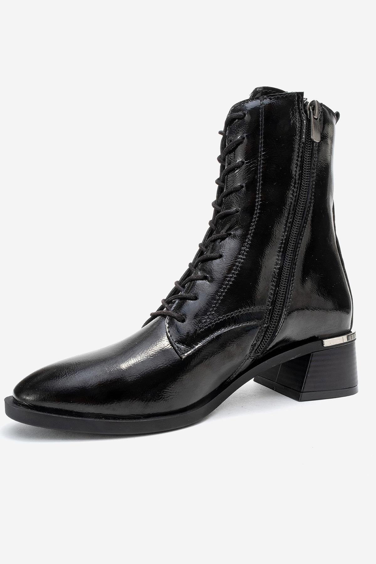 AVIA - Black Genuine Leather Block Heel Boot – heel view showing leather, black, Vowalisse