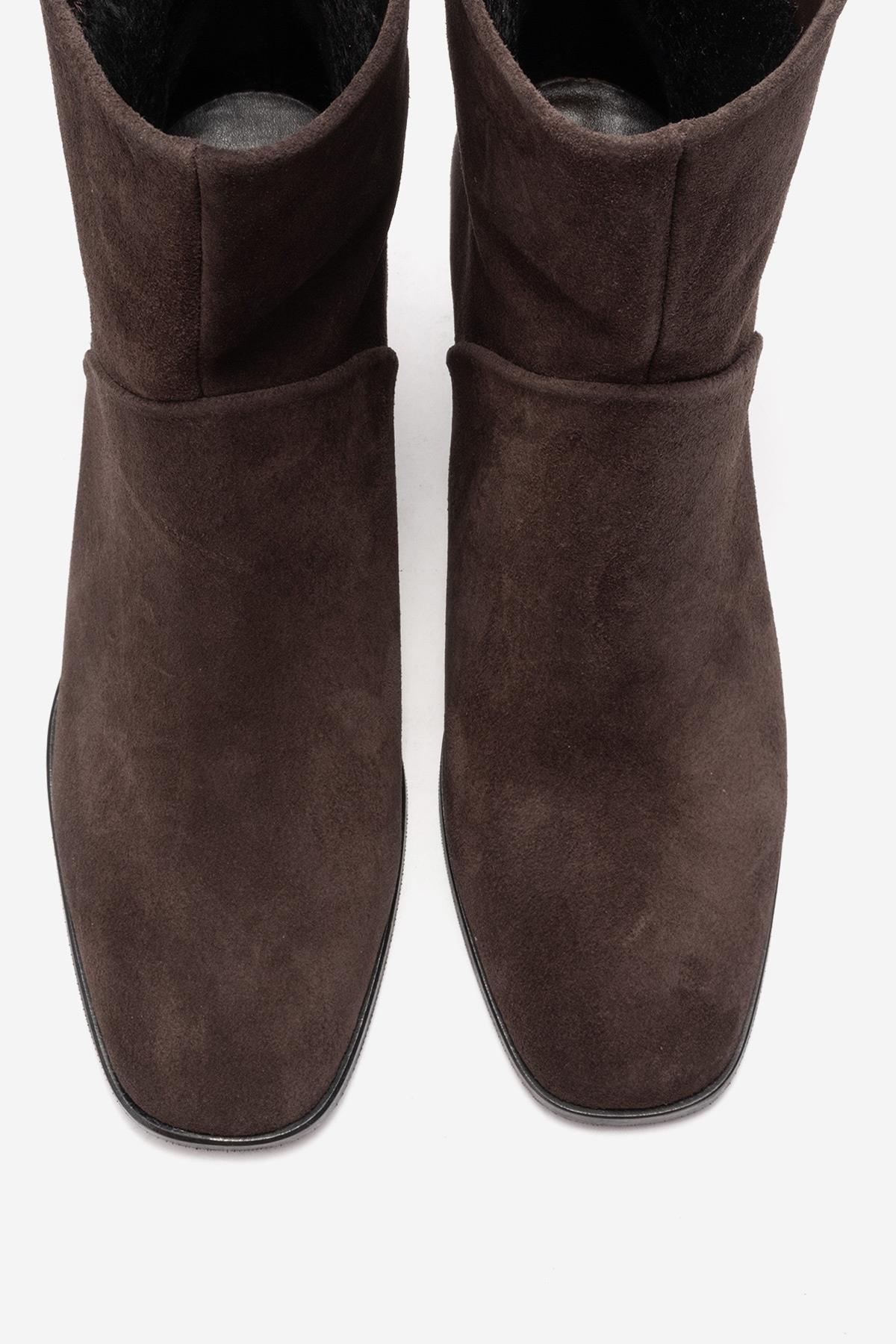 NORDY - Brown Genuine Leather Block Heel Boot – side view showing leather, suede, Vowalisse