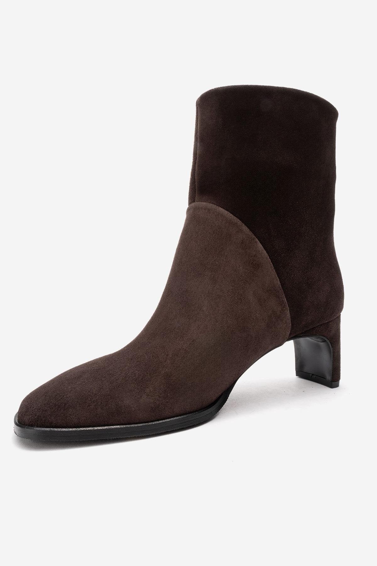 NORDY - Brown Genuine Leather Block Heel Boot – heel view showing leather, suede, Vowalisse