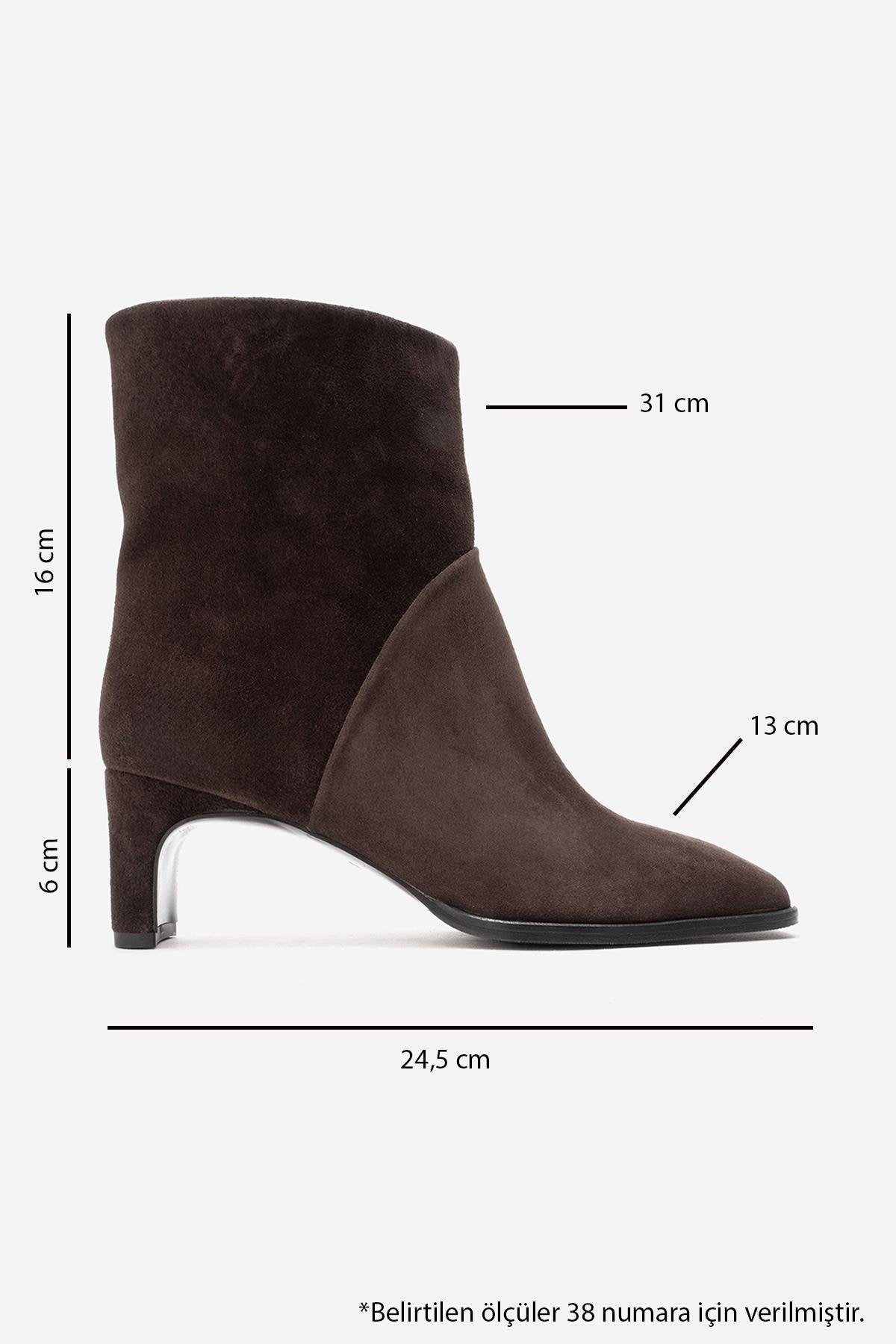 NORDY - Brown Genuine Leather Block Heel Boot – top view showing leather, suede, Vowalisse