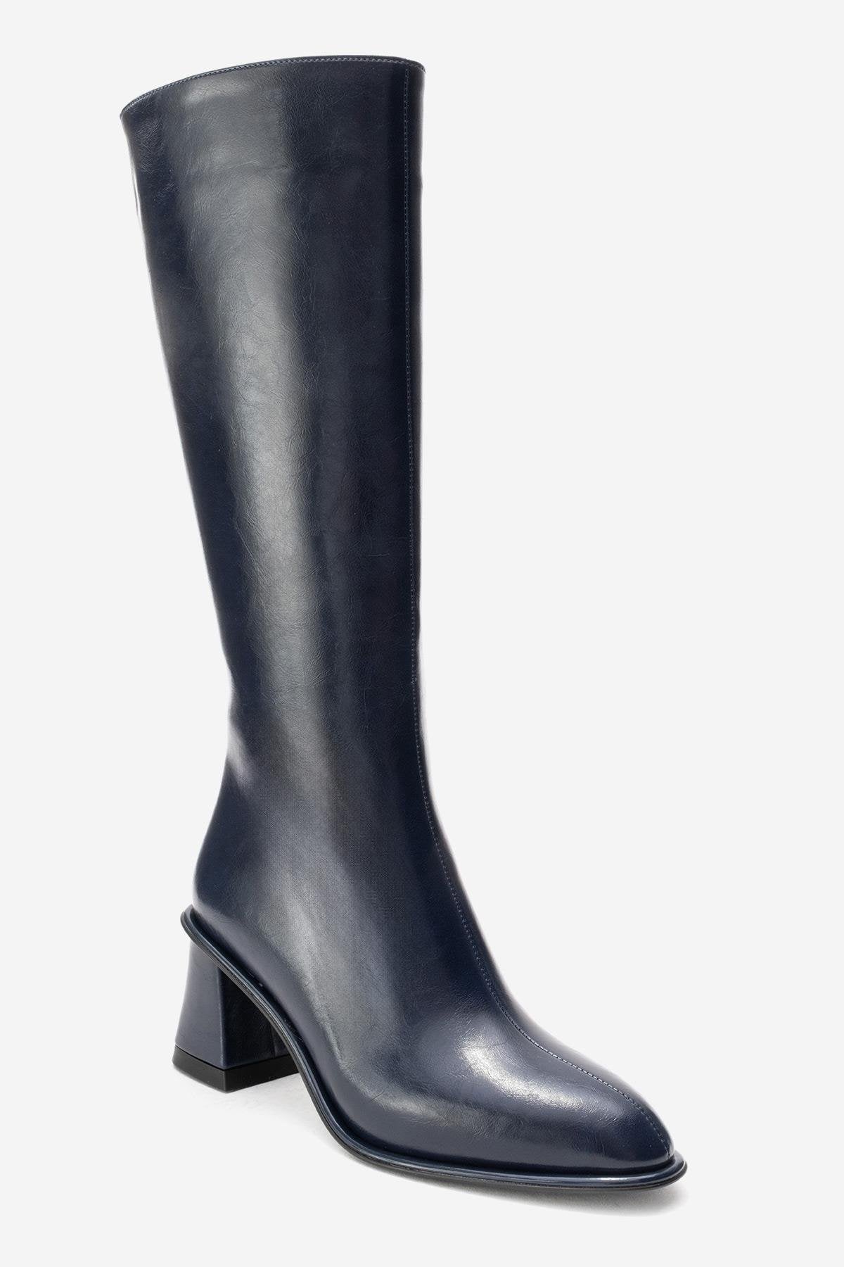 PARADİS - Navy Block Heel Boot – back view showing leather, Vowalisse