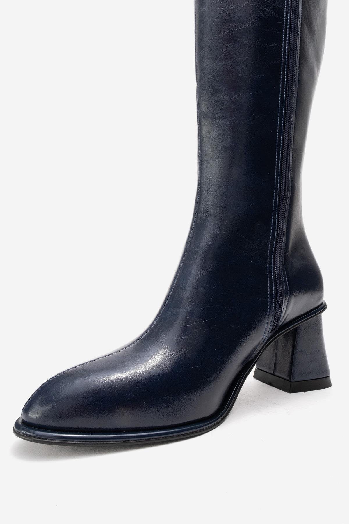 PARADİS - Navy Block Heel Boot – top view showing leather, Vowalisse