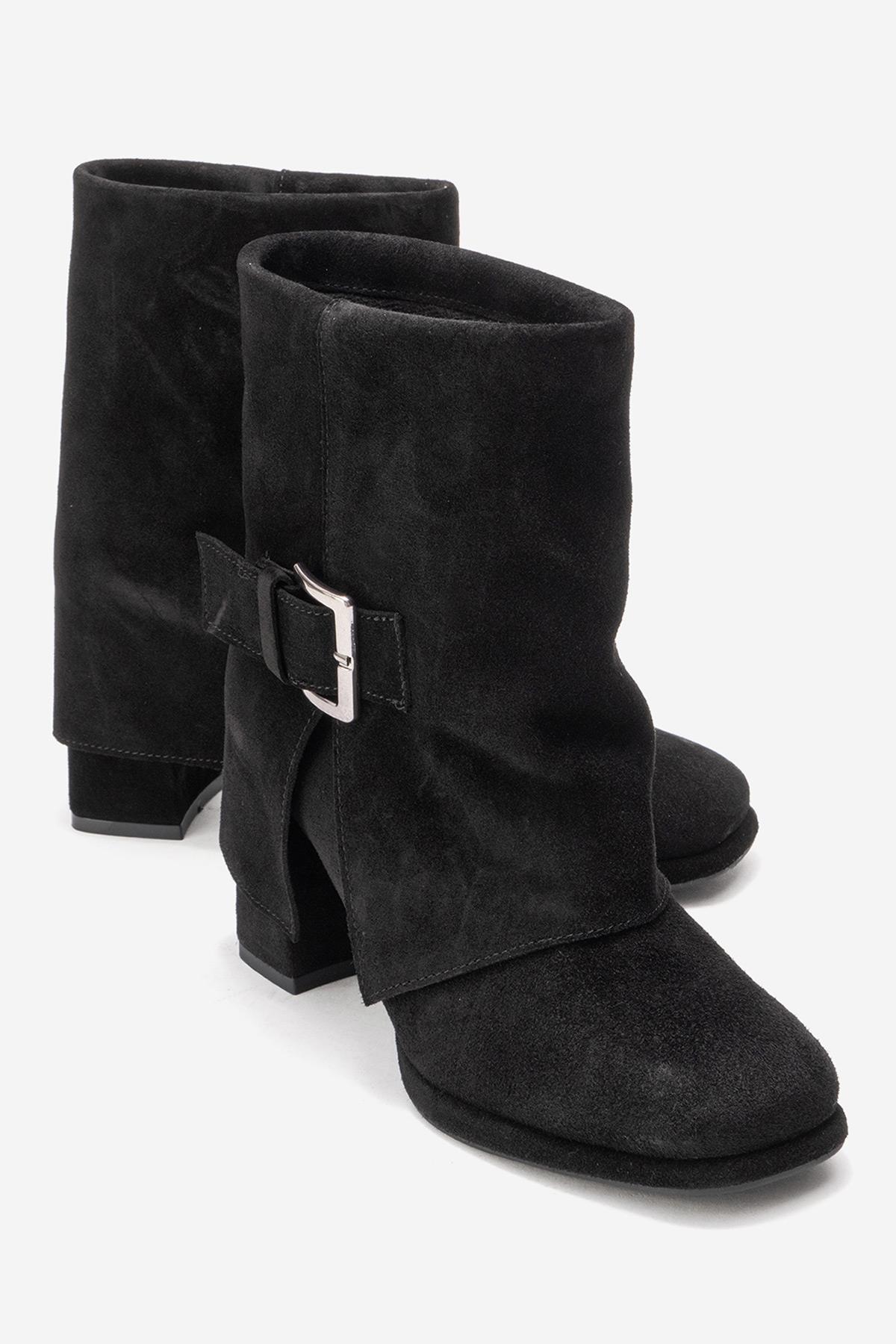 LORE - Black Genuine Leather Block Heel Boot – front three-quarter view showing leather, suede, black, Vowalisse