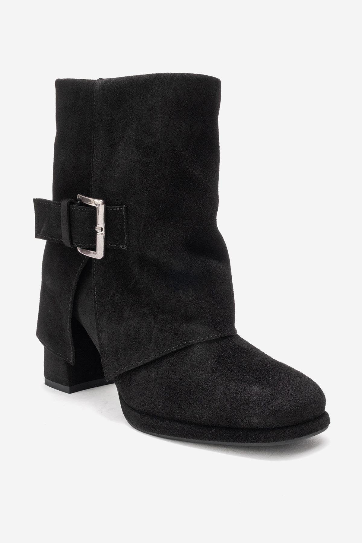 LORE - Black Genuine Leather Block Heel Boot – detail view showing leather, suede, black, Vowalisse