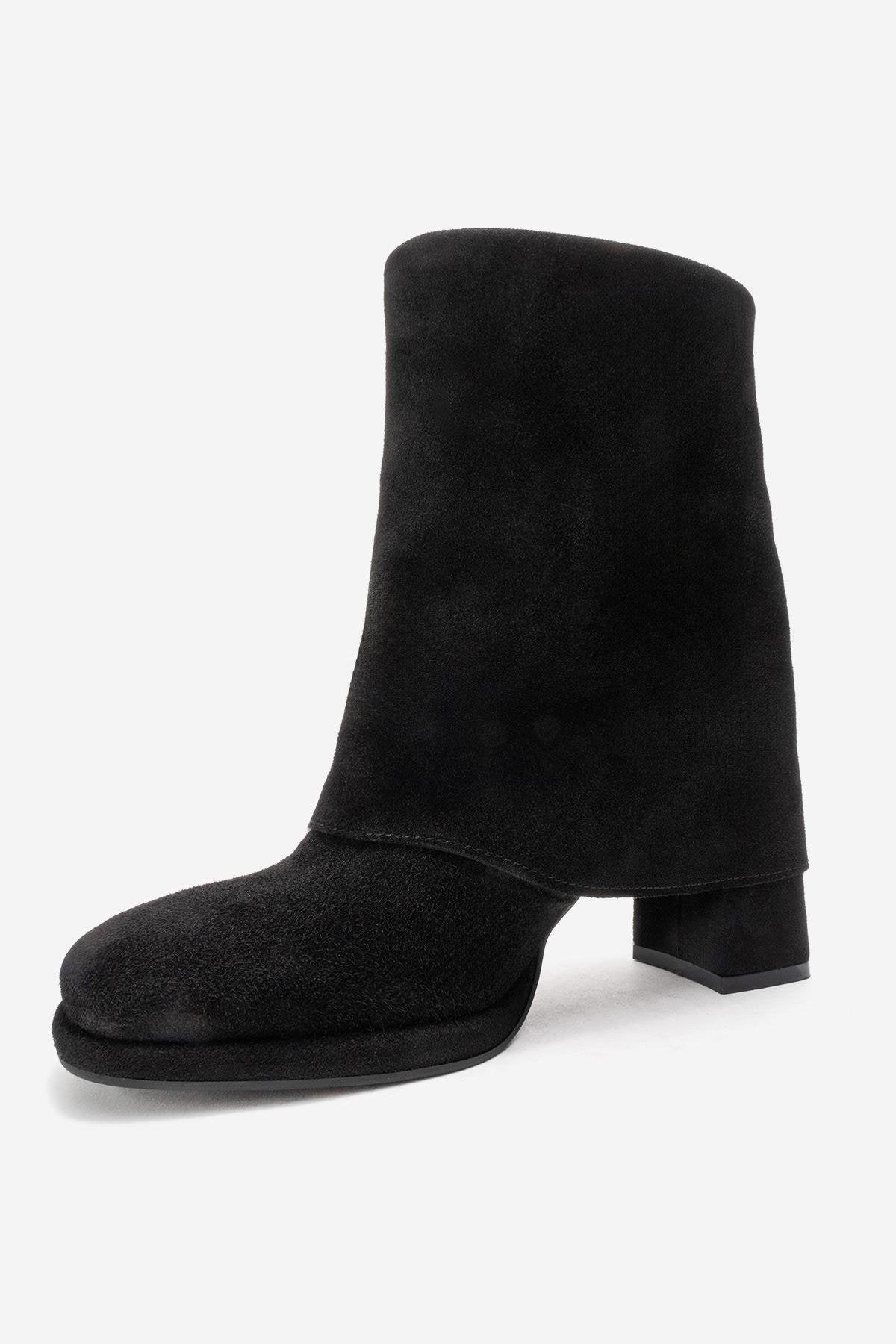 LORE - Black Genuine Leather Block Heel Boot – heel view showing leather, suede, black, Vowalisse