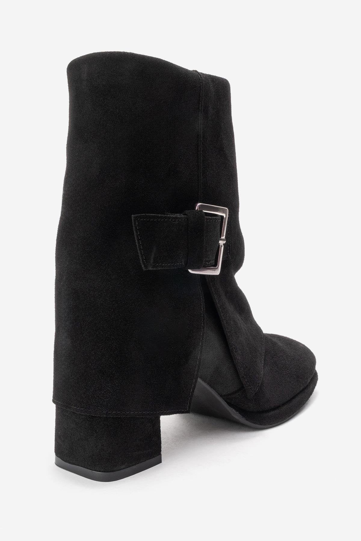 LORE - Black Genuine Leather Block Heel Boot – back view showing leather, suede, black, Vowalisse