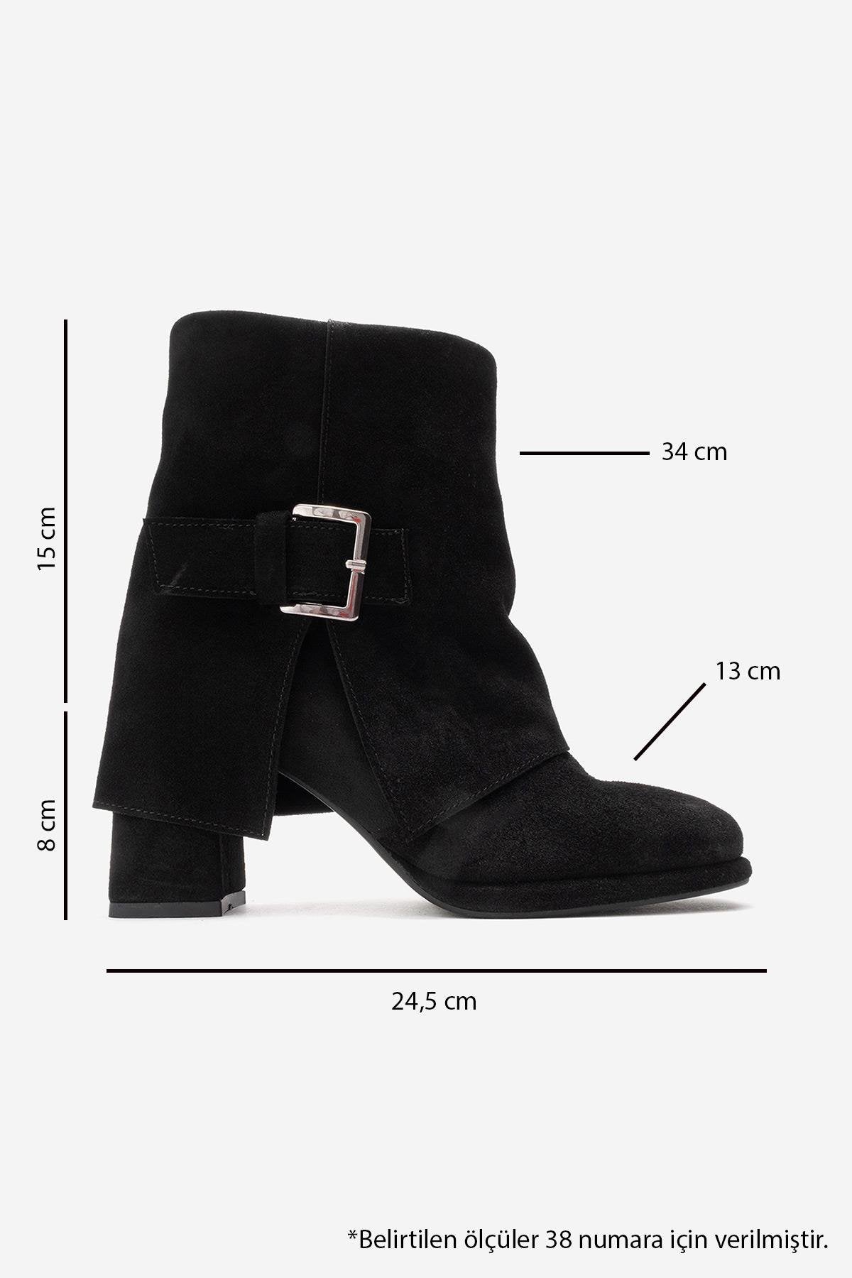 LORE - Black Genuine Leather Block Heel Boot – top view showing leather, suede, black, Vowalisse
