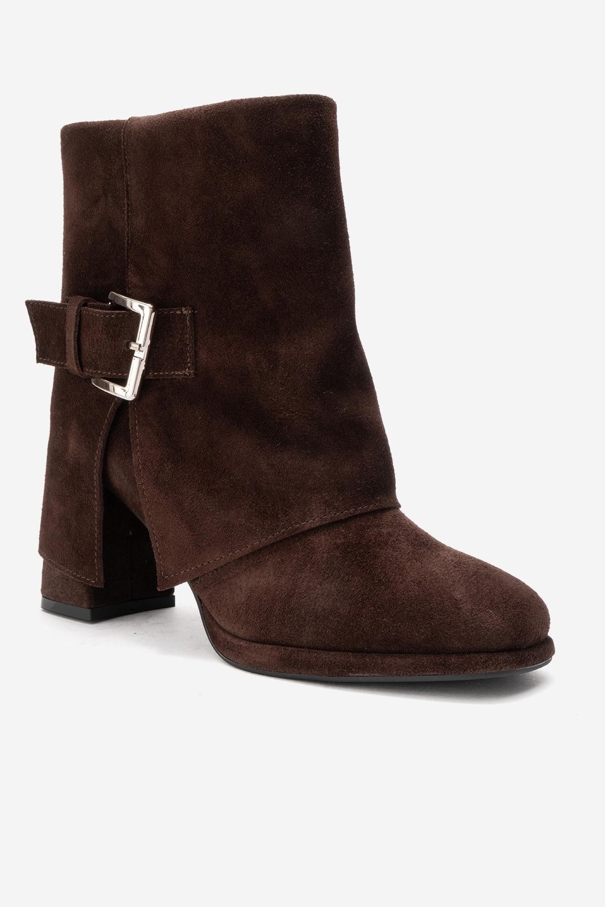 LORE - Brown Genuine Leather Block Heel Boot – detail view showing leather, suede, Vowalisse