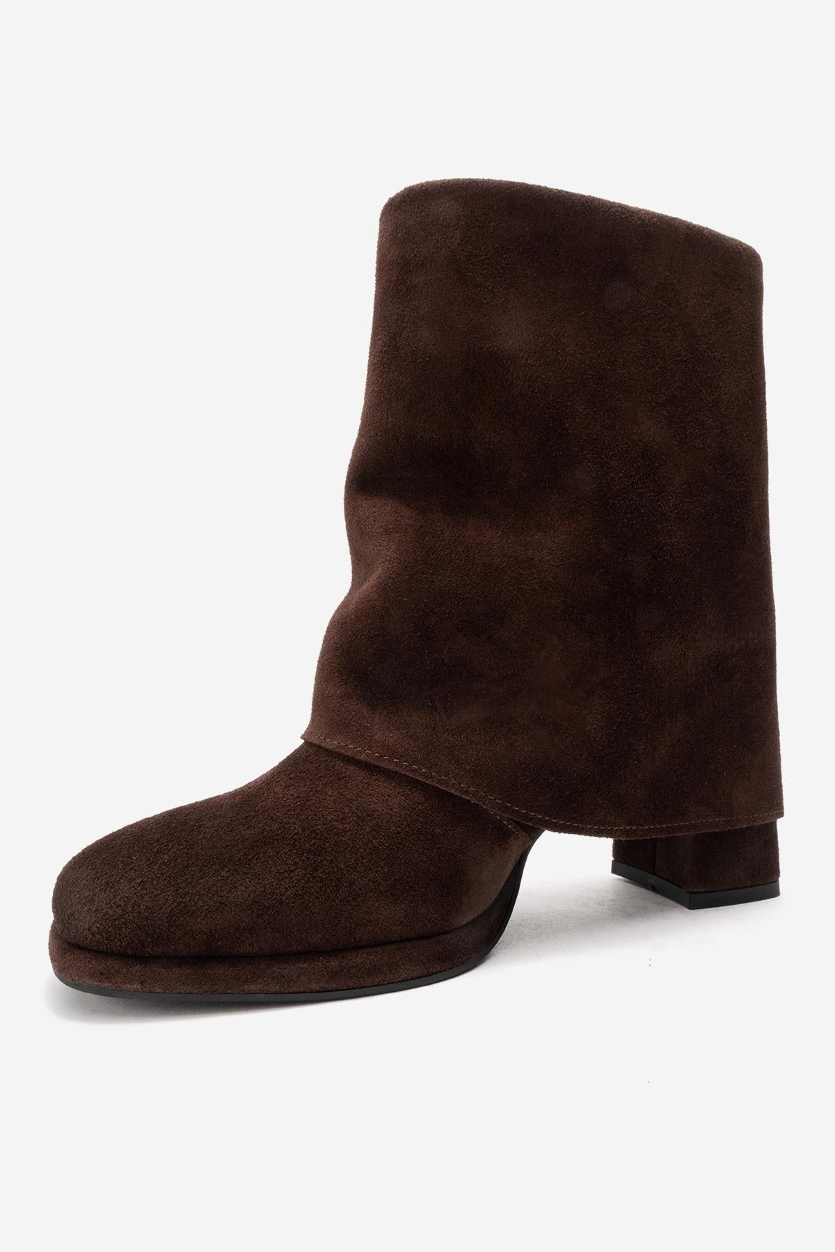 LORE - Brown Genuine Leather Block Heel Boot – heel view showing leather, suede, Vowalisse