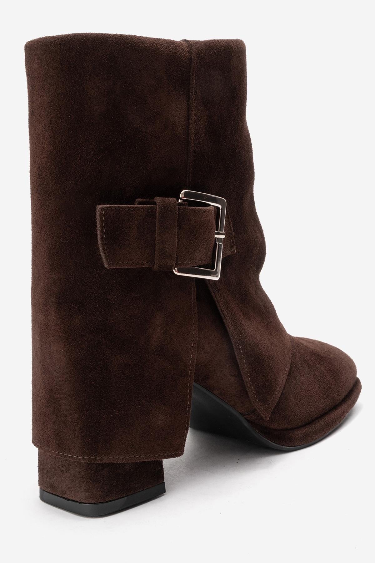 LORE - Brown Genuine Leather Block Heel Boot – back view showing leather, suede, Vowalisse