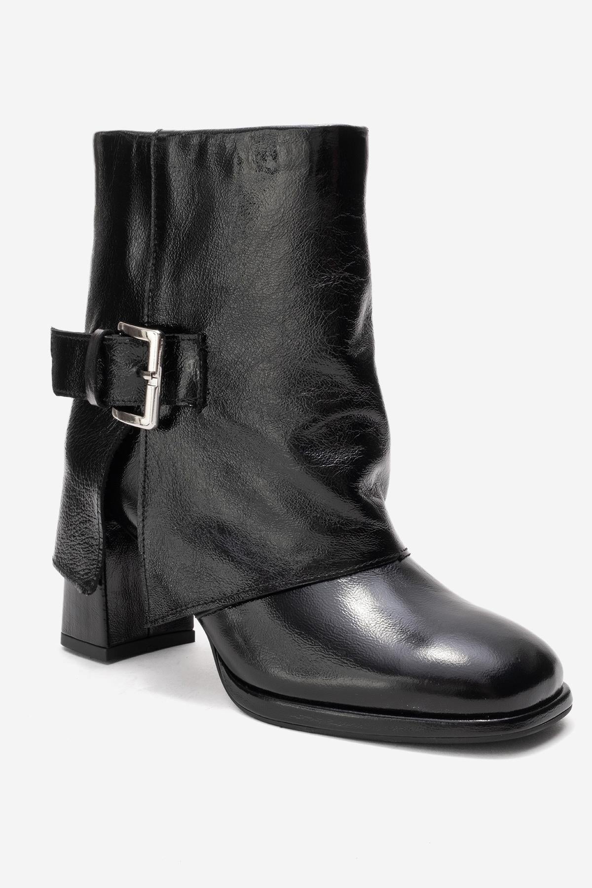 LORE - Black Genuine Leather Block Heel Boot – detail view showing leather, black, Vowalisse