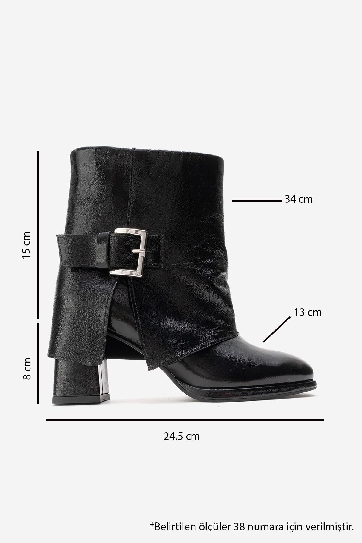 LORE - Black Genuine Leather Block Heel Boot – top view showing leather, black, Vowalisse