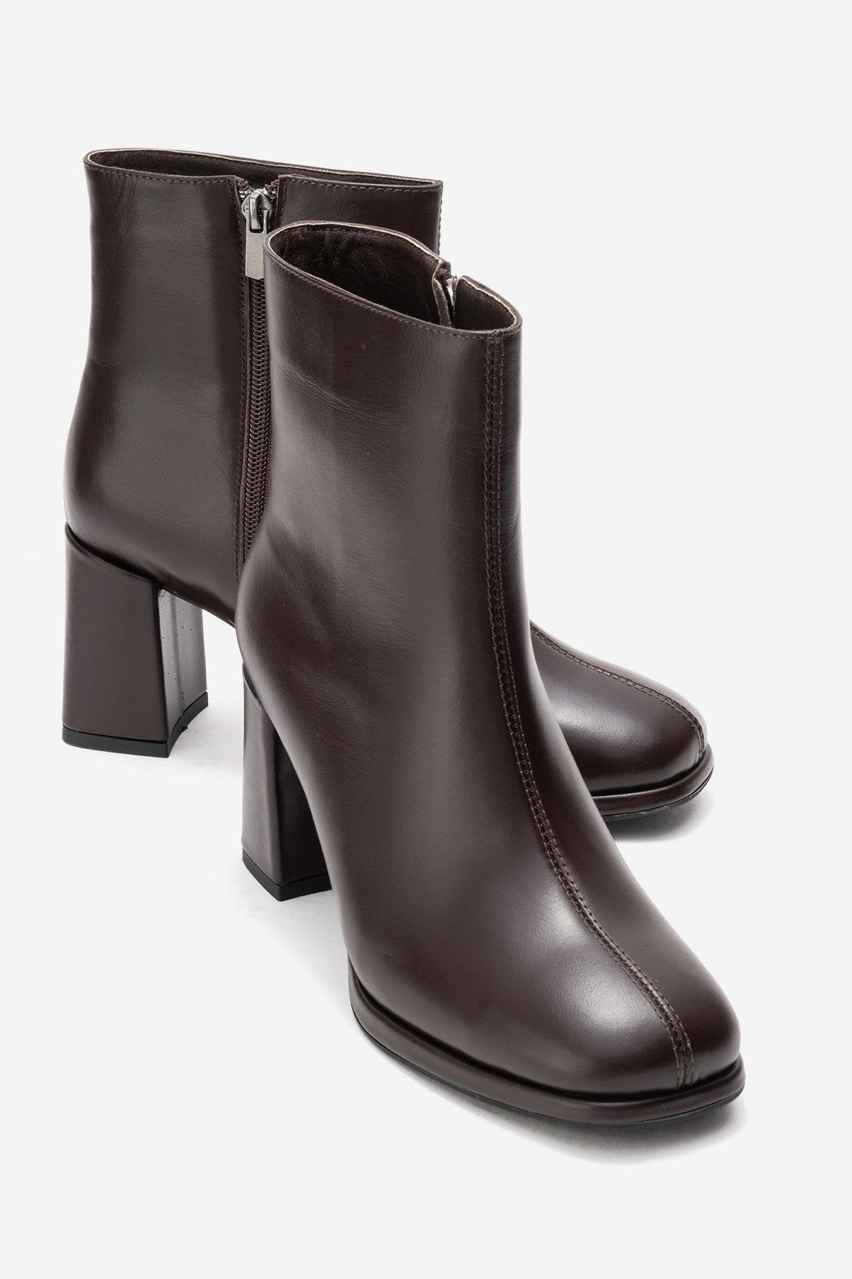 NAPOLI - Brown Genuine Leather Block Heel Boot – front three-quarter view showing leather, Vowalisse