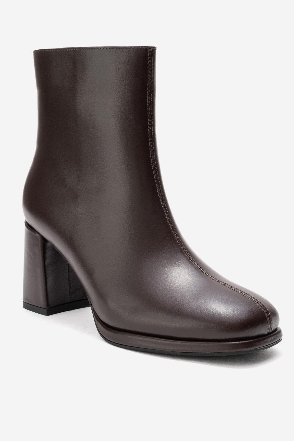 NAPOLI - Brown Genuine Leather Block Heel Boot – detail view showing leather, Vowalisse