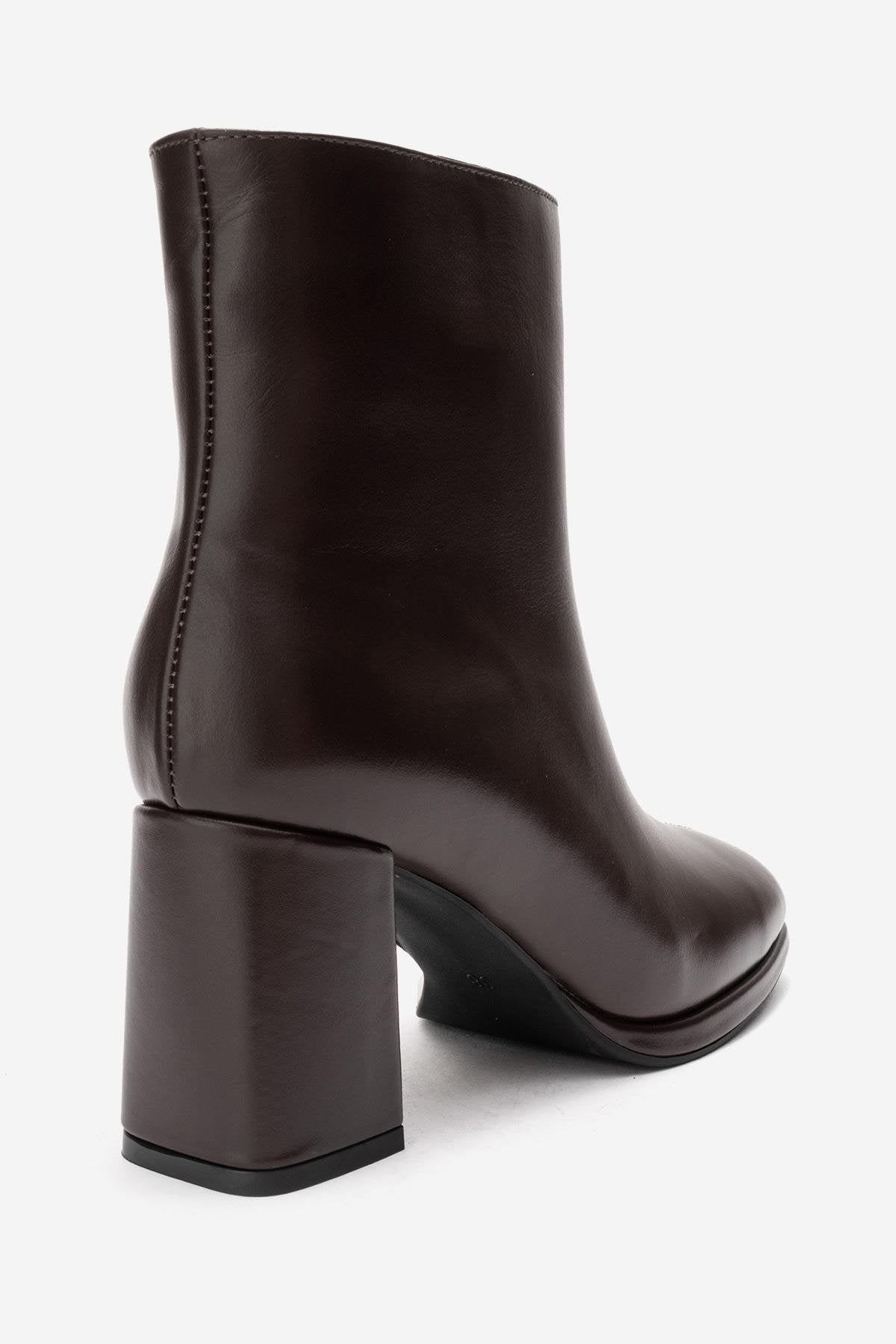 NAPOLI - Brown Genuine Leather Block Heel Boot – back view showing leather, Vowalisse