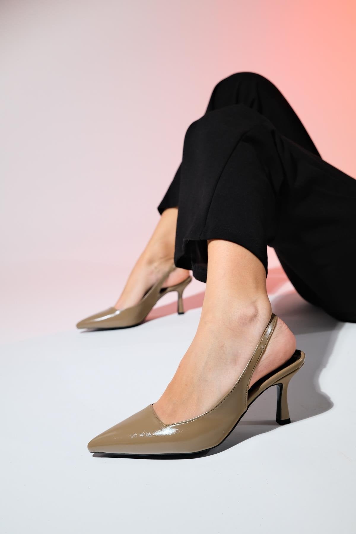 Flem - Taupe Pointed Toe Backless Stiletto Pump – front three-quarter view showing leather, Vowalisse