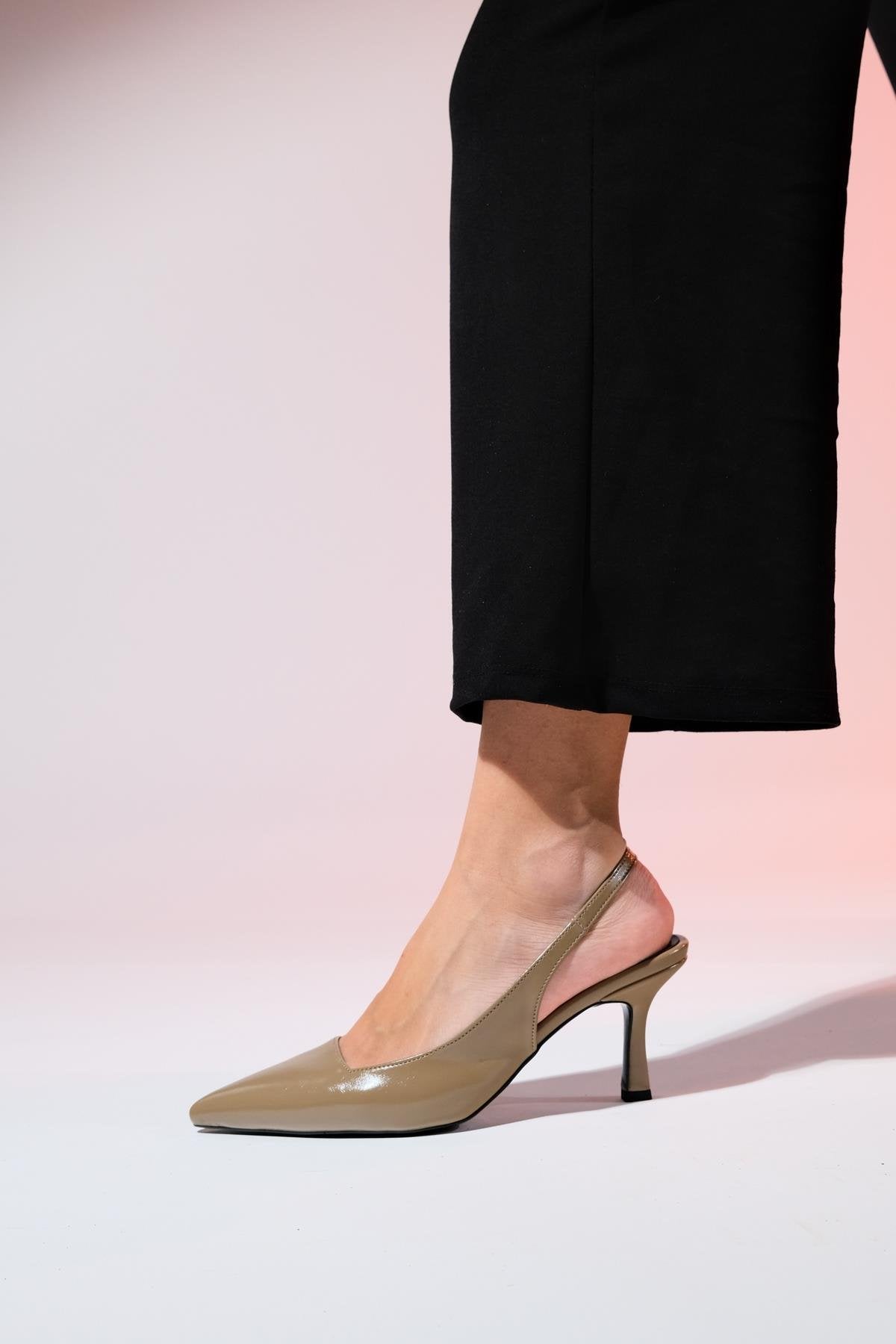 Flem - Taupe Pointed Toe Backless Stiletto Pump – side view showing leather, Vowalisse