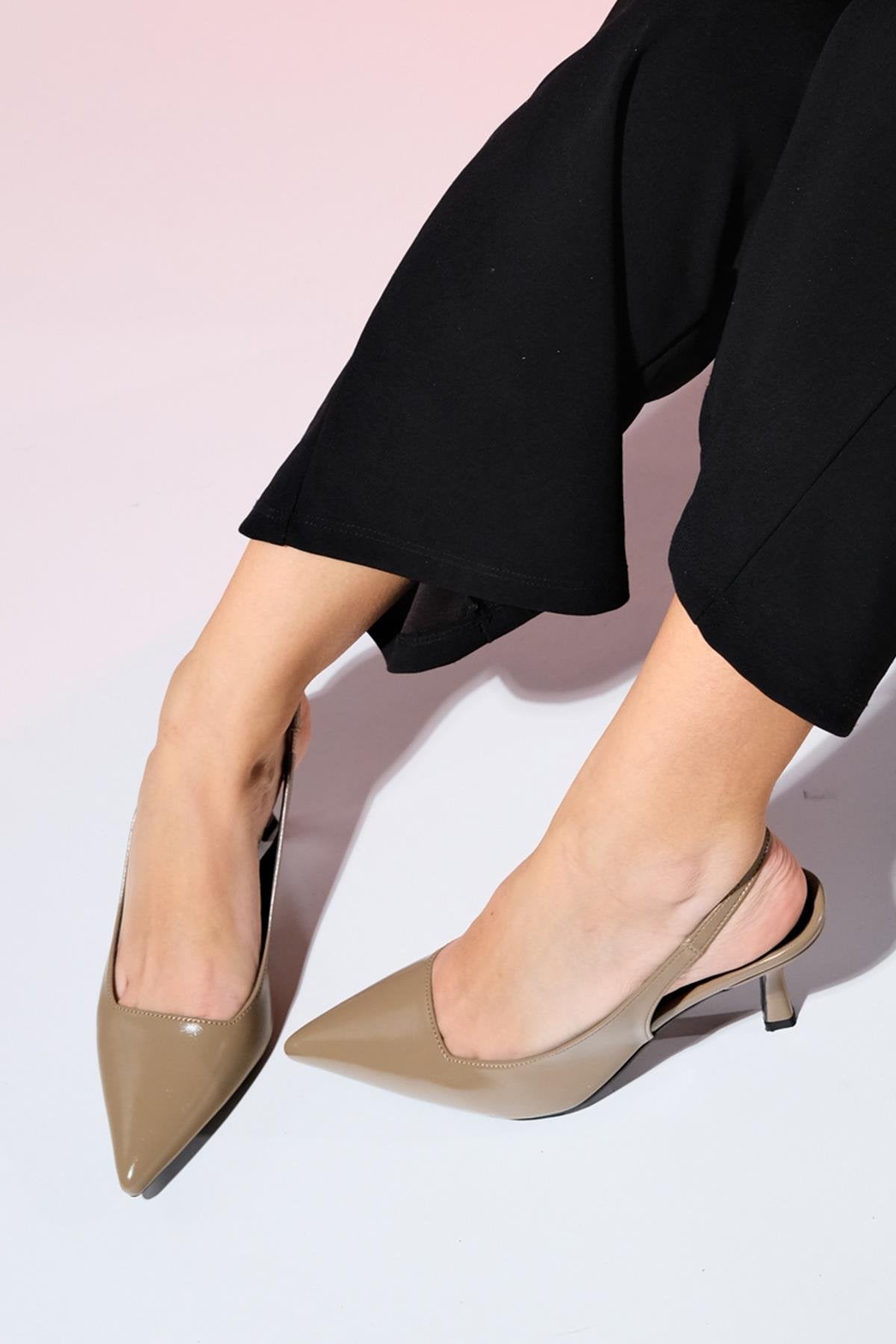 Flem - Taupe Pointed Toe Backless Stiletto Pump – back view showing leather, Vowalisse