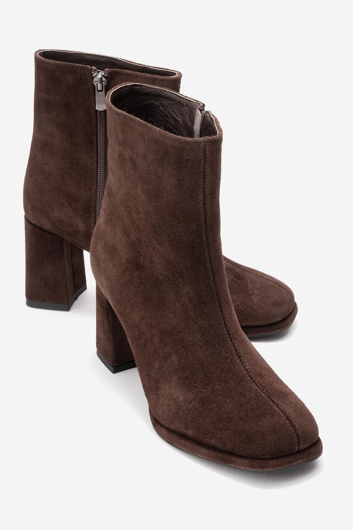 Napoli - Brown Suede Genuine Leather Block Heel Ankle Boot – front three-quarter view showing leather, suede, Vowalisse