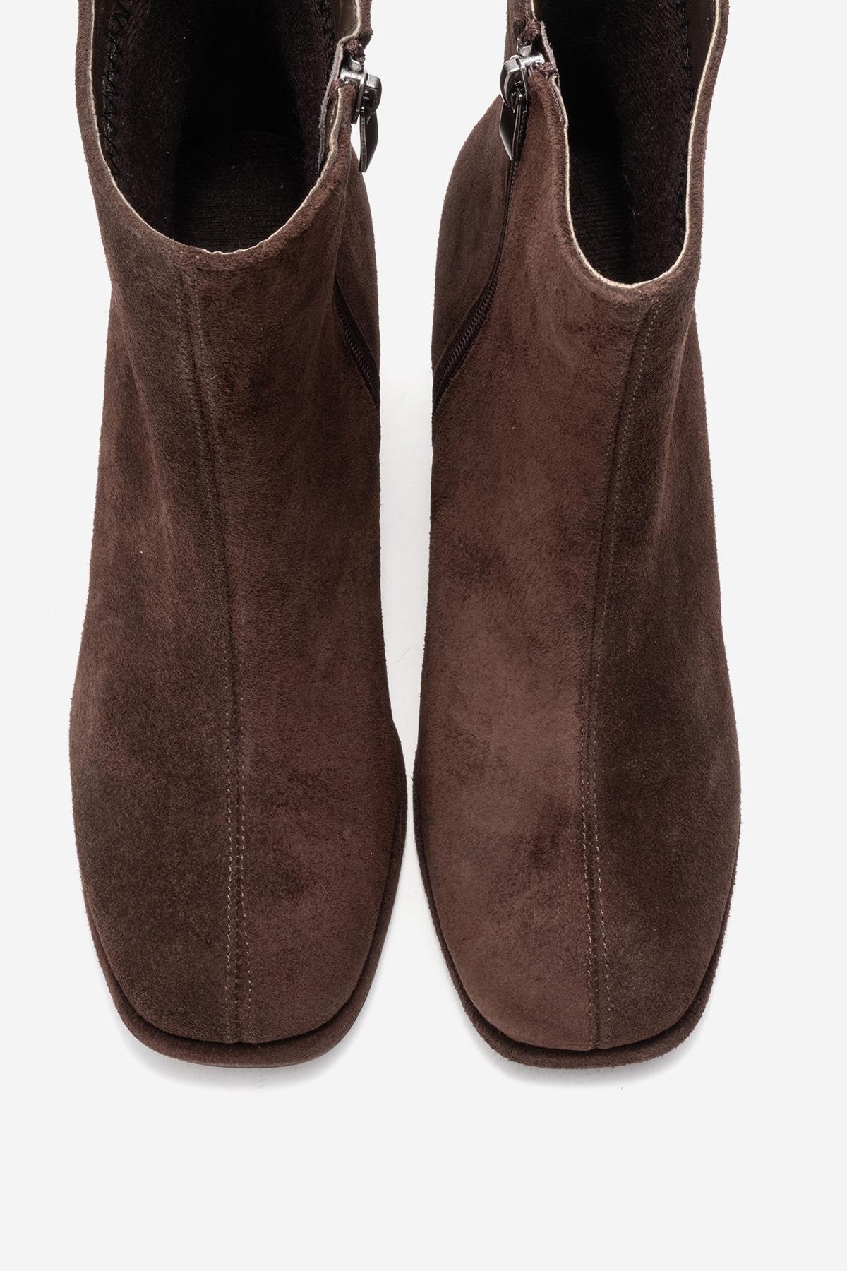 Napoli - Brown Suede Genuine Leather Block Heel Ankle Boot – side view showing leather, suede, Vowalisse