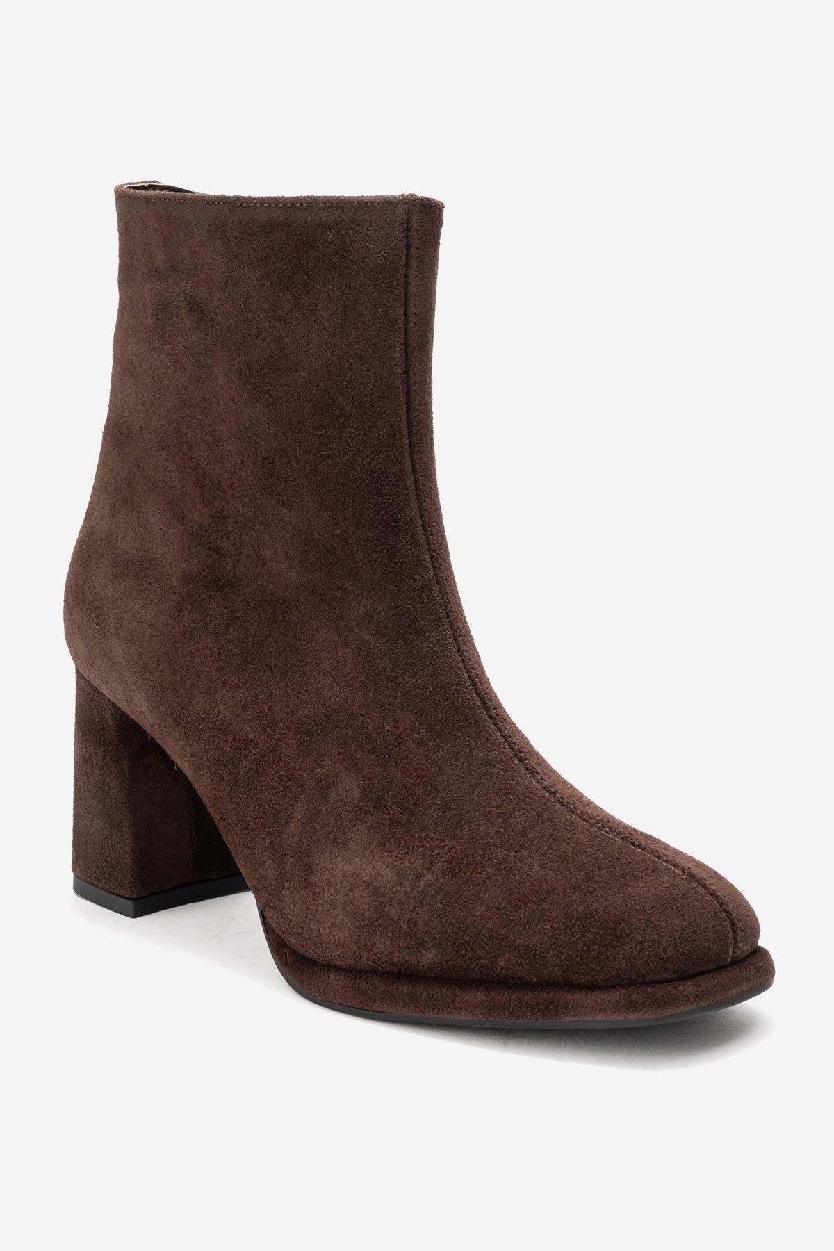 Napoli - Brown Suede Genuine Leather Block Heel Ankle Boot – detail view showing leather, suede, Vowalisse