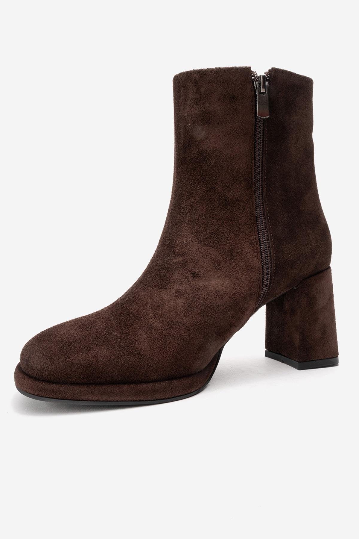 Napoli - Brown Suede Genuine Leather Block Heel Ankle Boot – heel view showing leather, suede, Vowalisse
