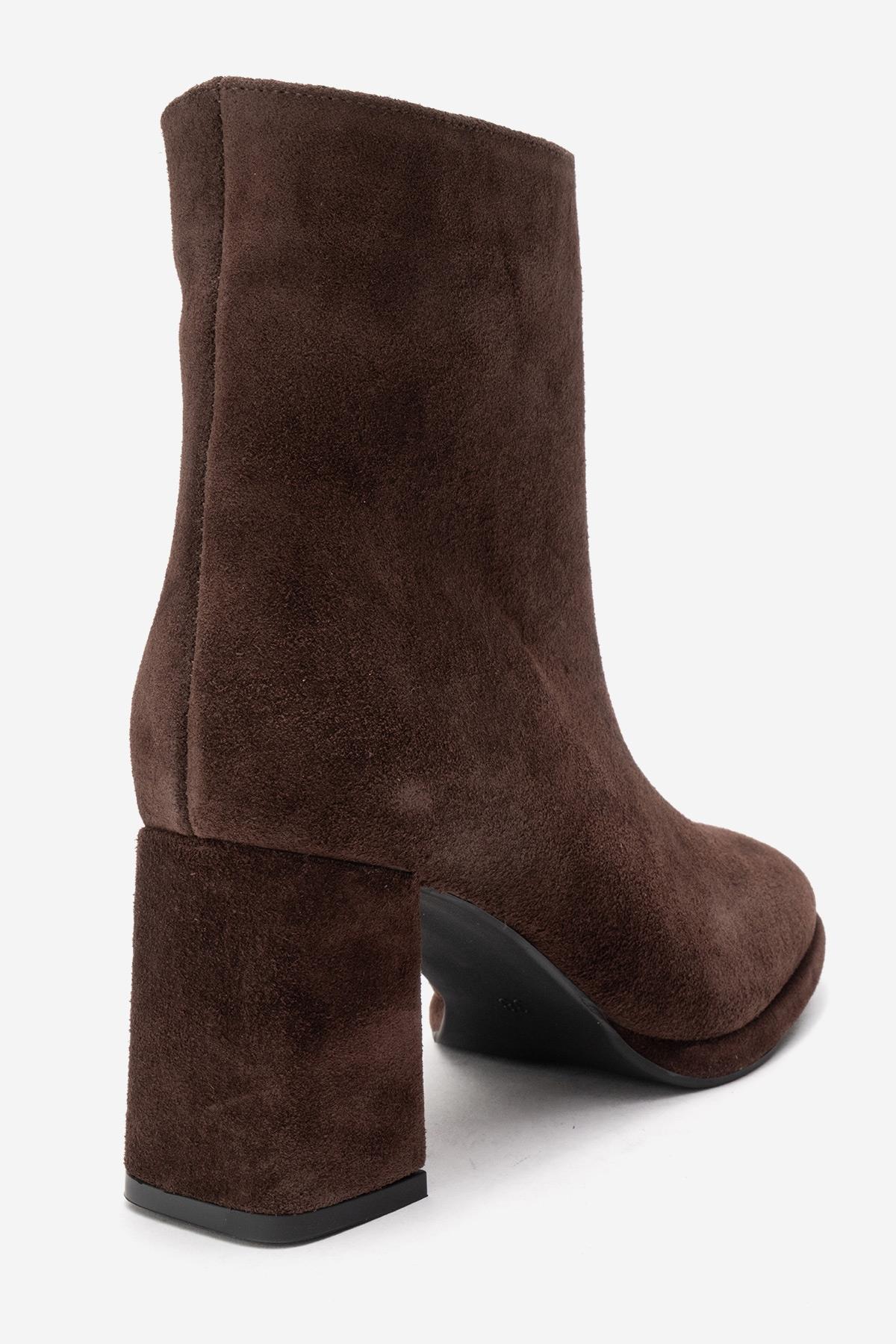 Napoli - Brown Suede Genuine Leather Block Heel Ankle Boot – back view showing leather, suede, Vowalisse