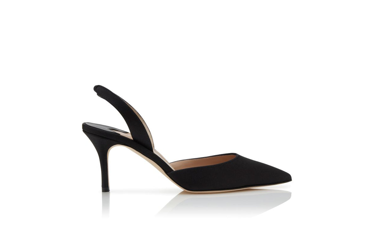 Celeste Dawn Black Slingback Slingbacks – side profile showing black slingback, pointed toe, satin, Vowalisse