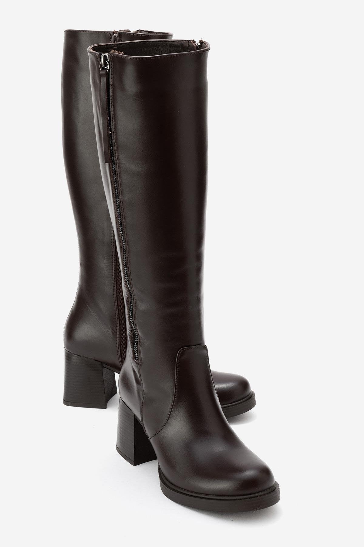 LENSA - Brown Genuine Leather Block Heel Knee-High Boot – front three-quarter view showing leather, Vowalisse
