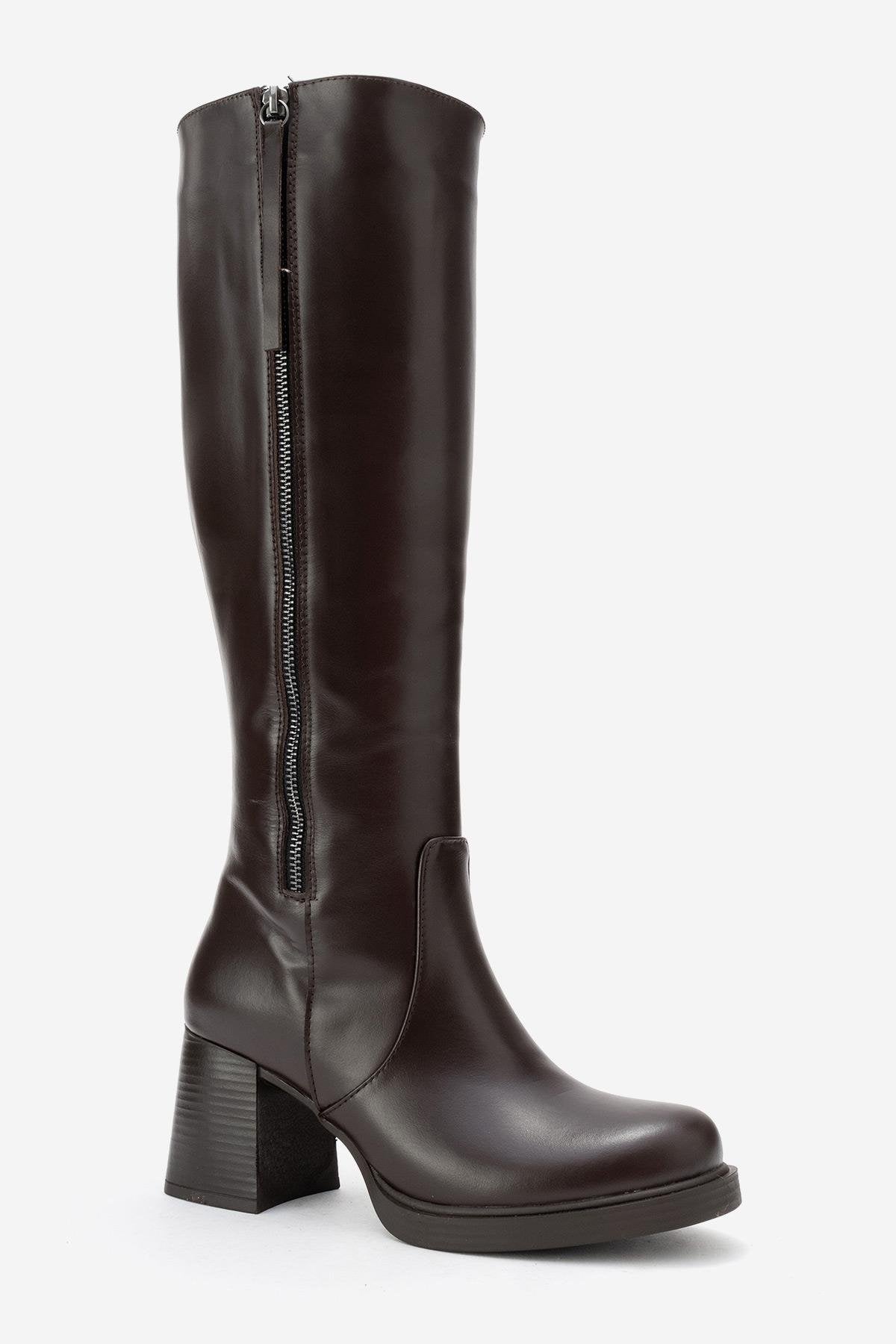 LENSA - Brown Genuine Leather Block Heel Knee-High Boot – detail view showing leather, Vowalisse