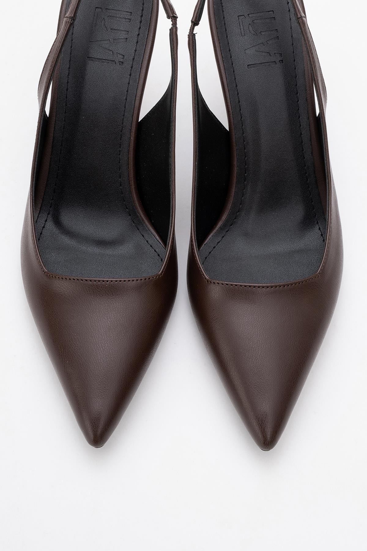 Flem - Mocha Pointed Toe Backless Stiletto Pump – side view showing leather, Vowalisse