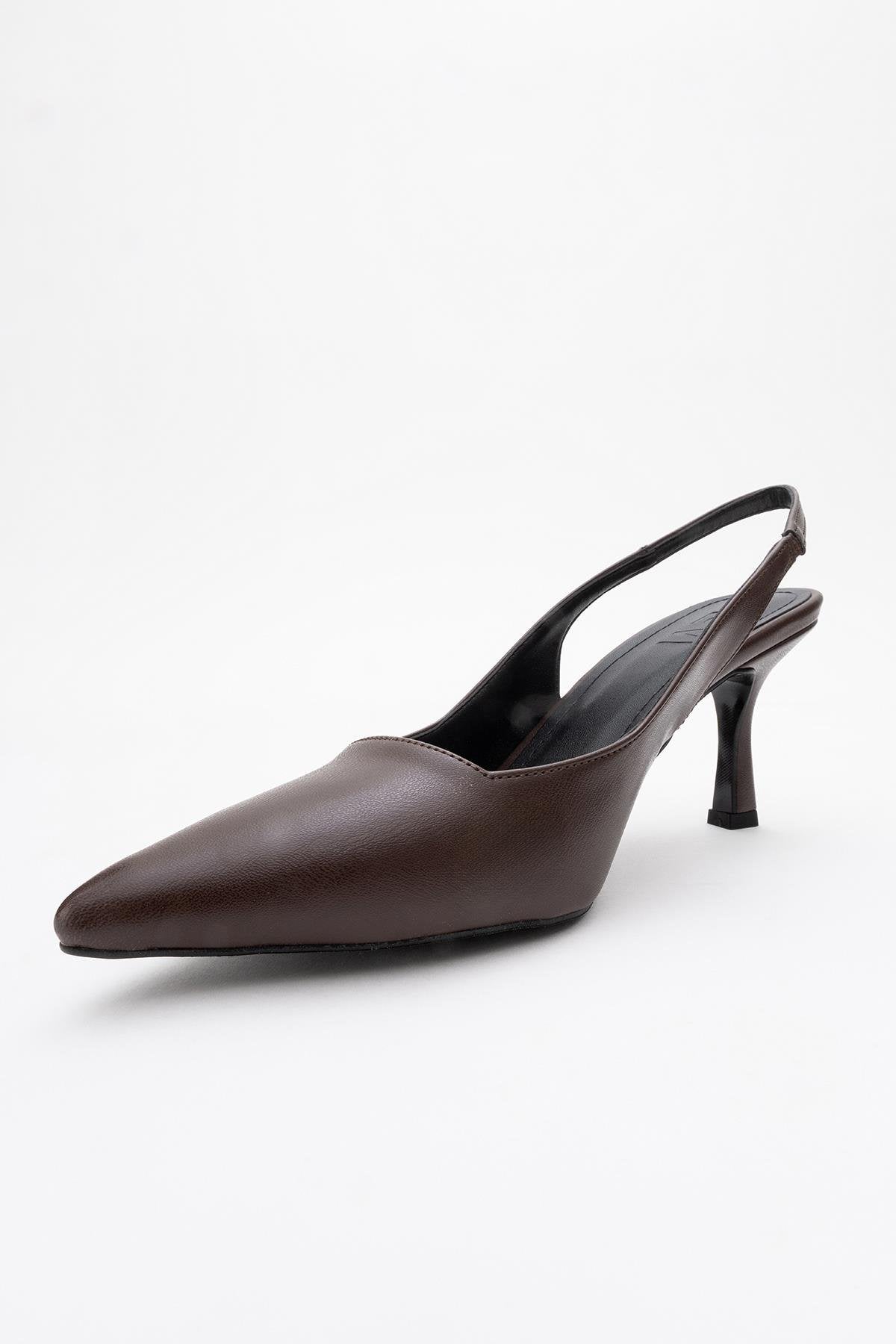 Flem - Mocha Pointed Toe Backless Stiletto Pump – back view showing leather, Vowalisse