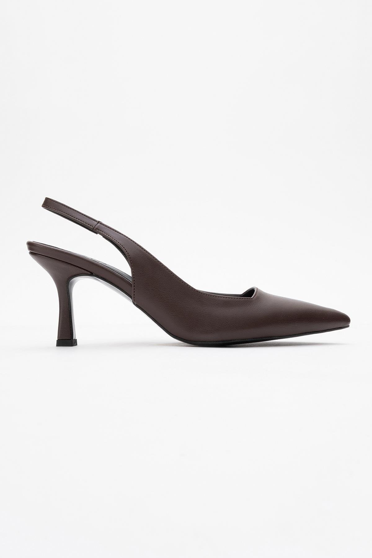 Flem - Mocha Pointed Toe Backless Stiletto Pump – top view showing leather, Vowalisse