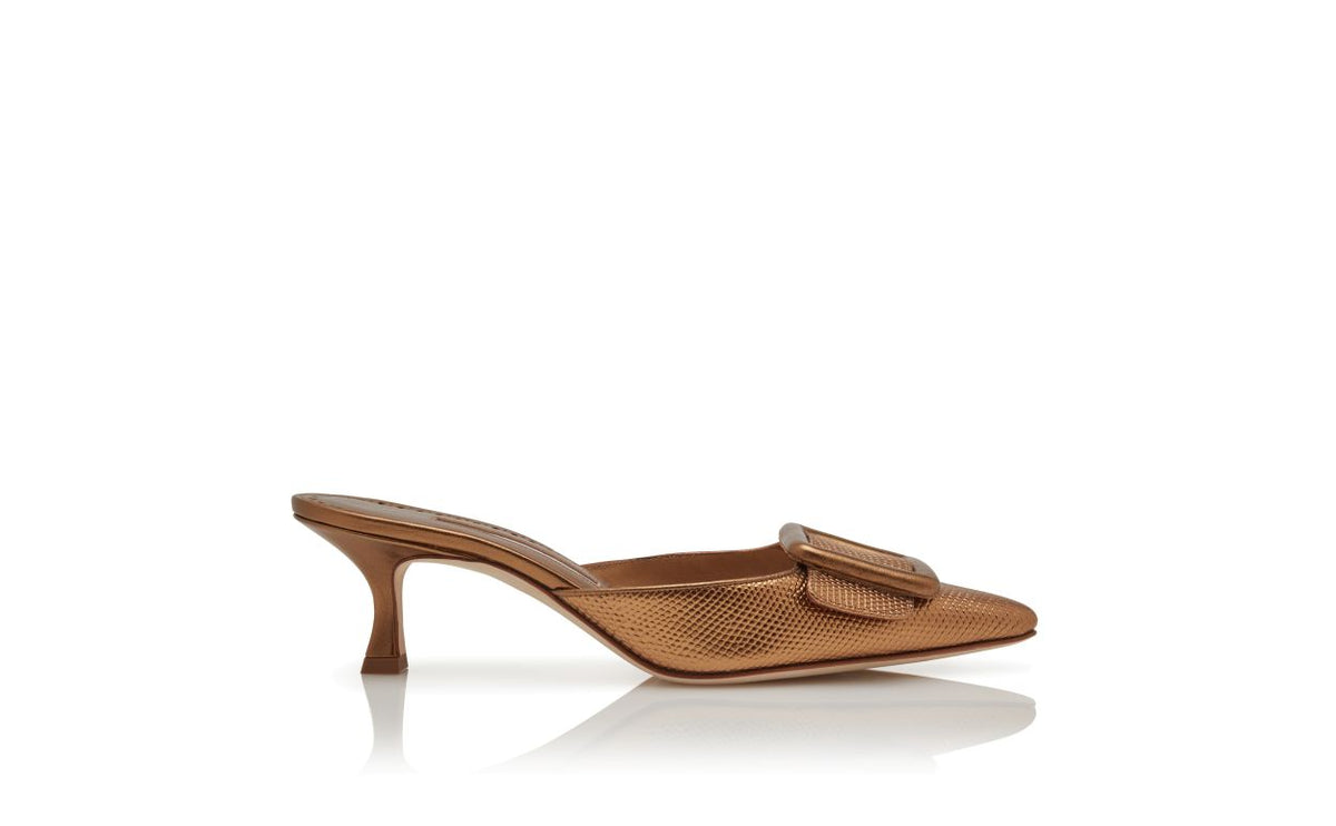 Marcella Halo Gold Pointed Toe Mules – side profile showing gold pointed toe, Vowalisse