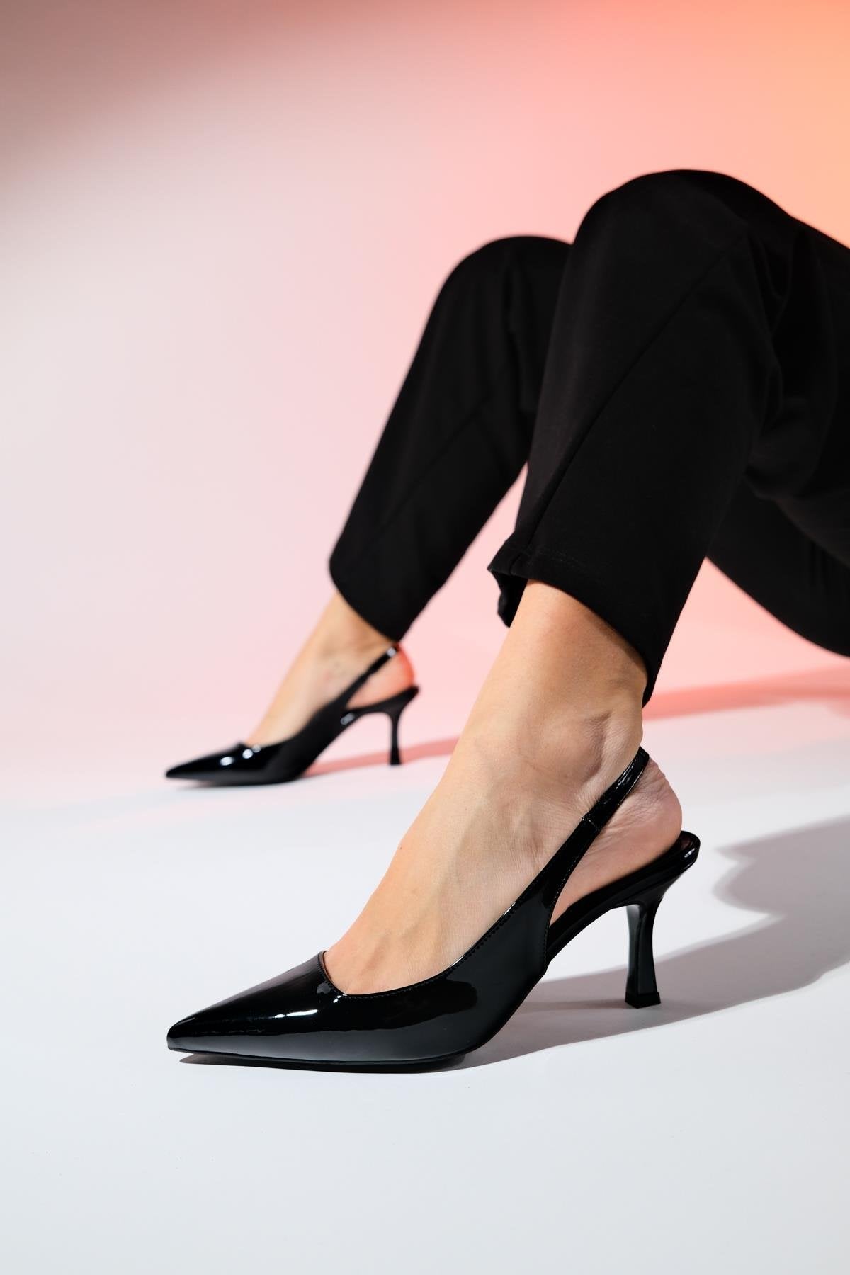 Flem - Black Patent Pointed Toe Backless Stiletto Pump – front three-quarter view showing leather, black, Vowalisse