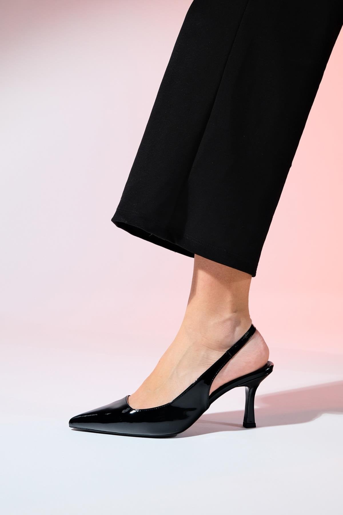 Flem - Black Patent Pointed Toe Backless Stiletto Pump – heel view showing leather, black, Vowalisse
