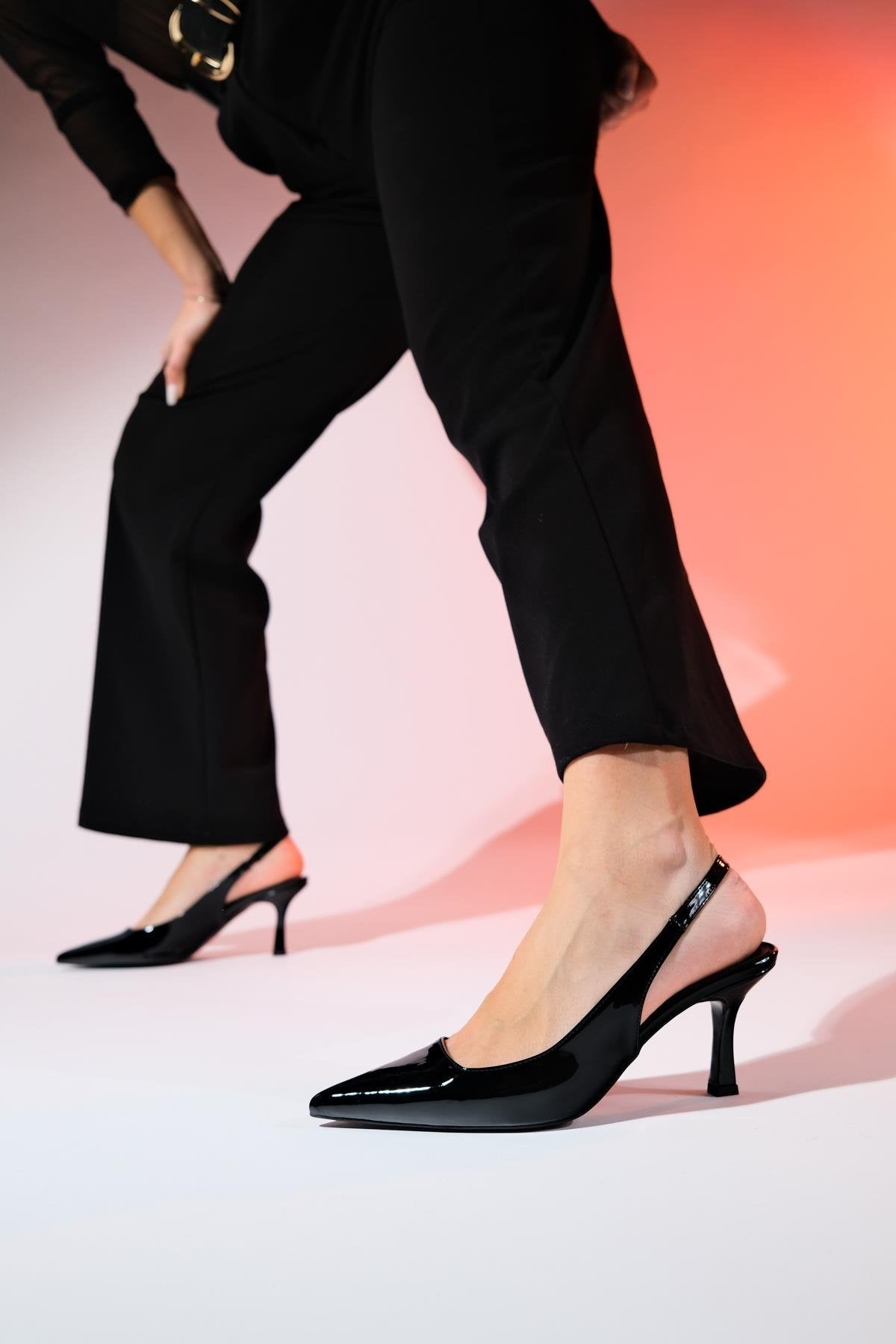 Flem - Black Patent Pointed Toe Backless Stiletto Pump – back view showing leather, black, Vowalisse