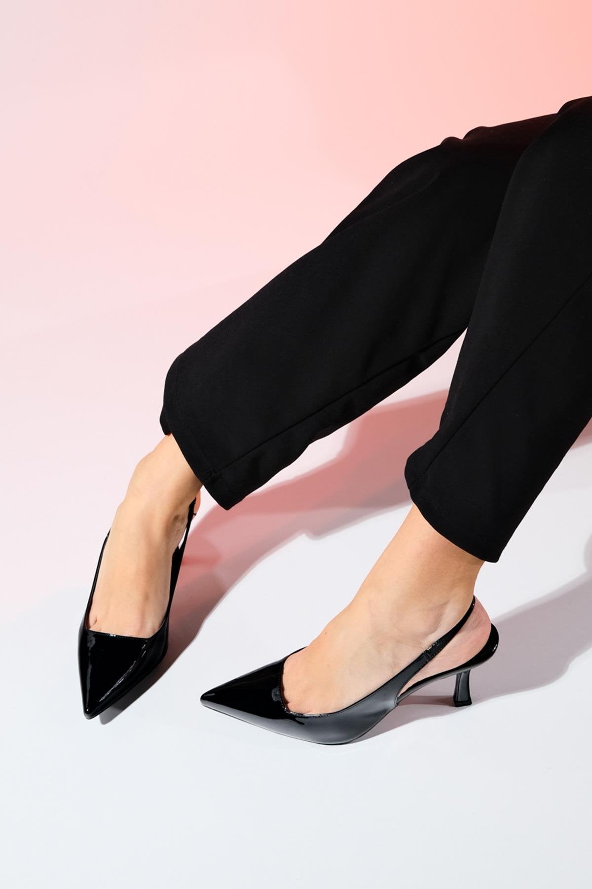 Flem - Black Patent Pointed Toe Backless Stiletto Pump – top view showing leather, black, Vowalisse