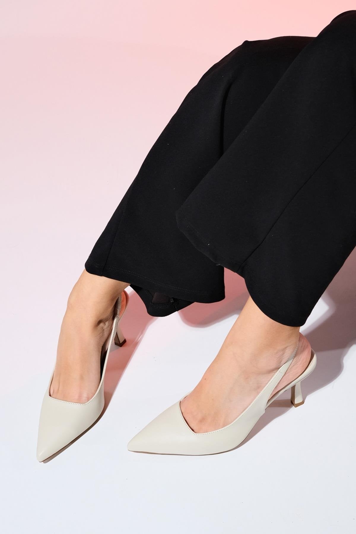Flem - Ecru Pointed Toe Backless Stiletto Pump – side view showing leather, Vowalisse