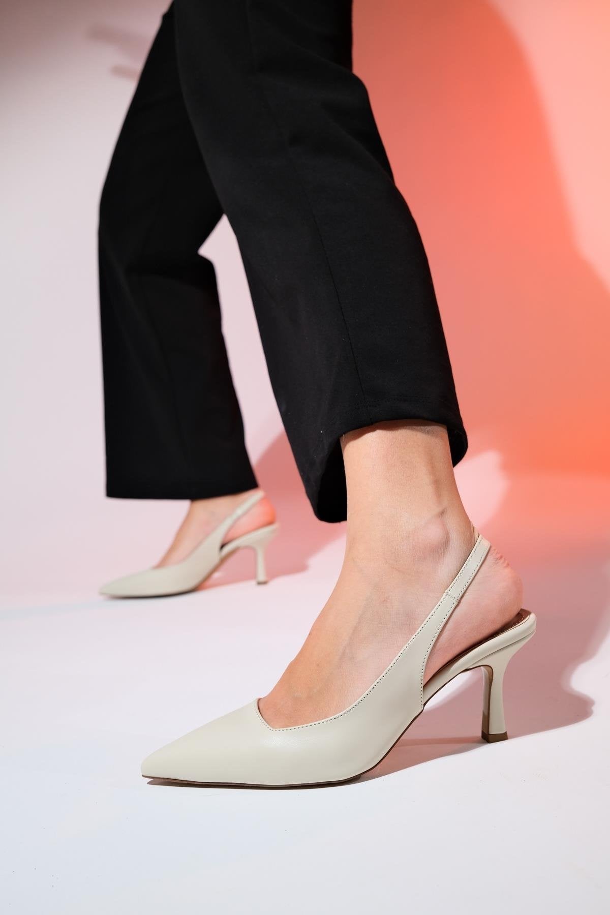 Flem - Ecru Pointed Toe Backless Stiletto Pump – heel view showing leather, Vowalisse