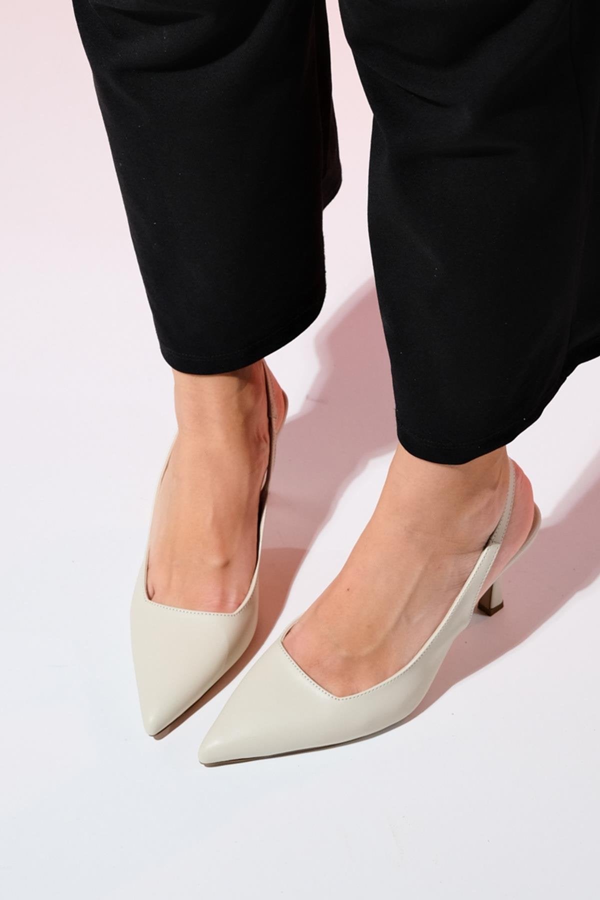 Flem - Ecru Pointed Toe Backless Stiletto Pump – back view showing leather, Vowalisse