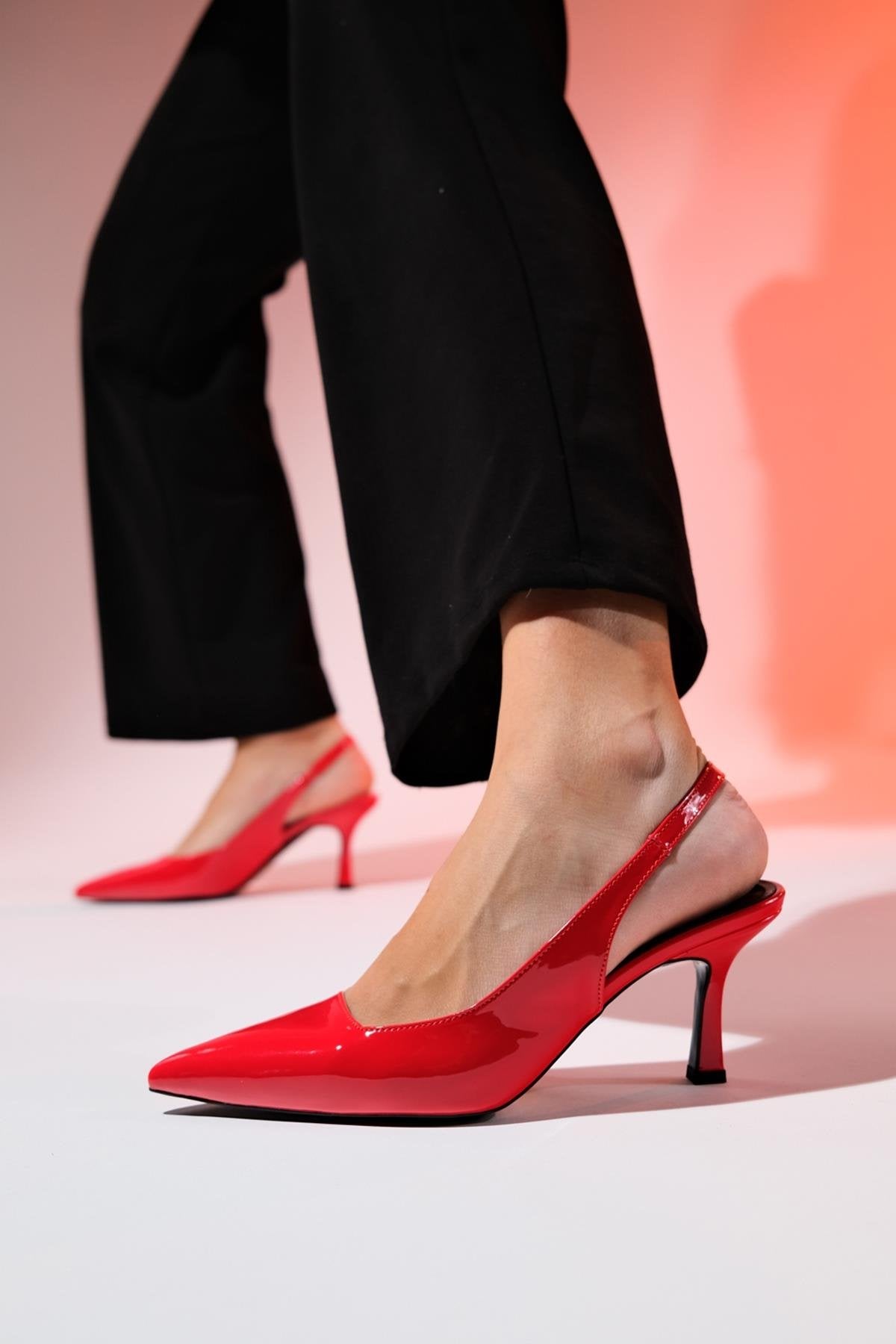 Flem - Red Patent Pointed Toe Backless Stiletto Pump – front three-quarter view showing leather, red, Vowalisse