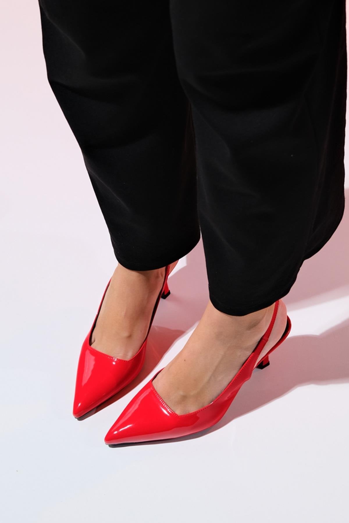Flem - Red Patent Pointed Toe Backless Stiletto Pump – detail view showing leather, red, Vowalisse