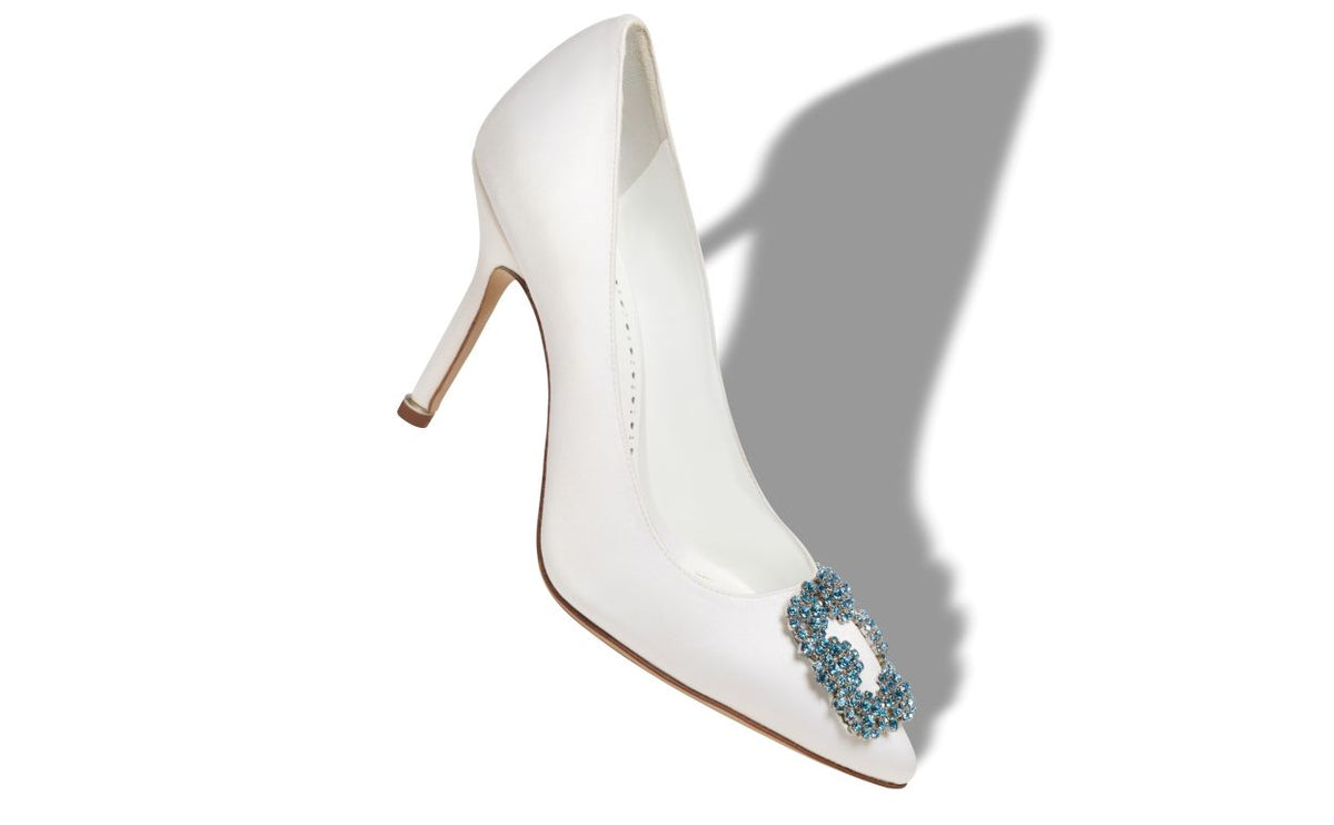 Aurelia Pearl White Jewel Buckle Pumps – front three-quarter view showing white jewel buckle, crystal buckle, almond toe…