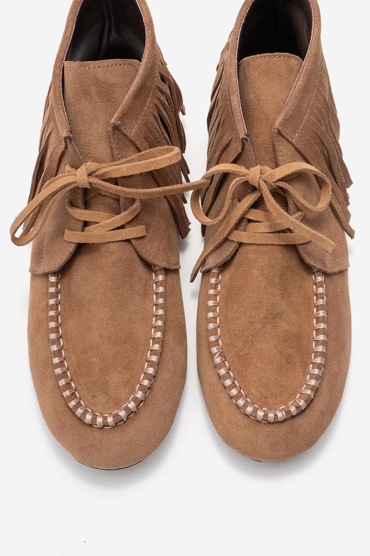 RAUX - Taupe Genuine Suede Leather Fringed Ankle Boot – side view showing leather, suede, Vowalisse
