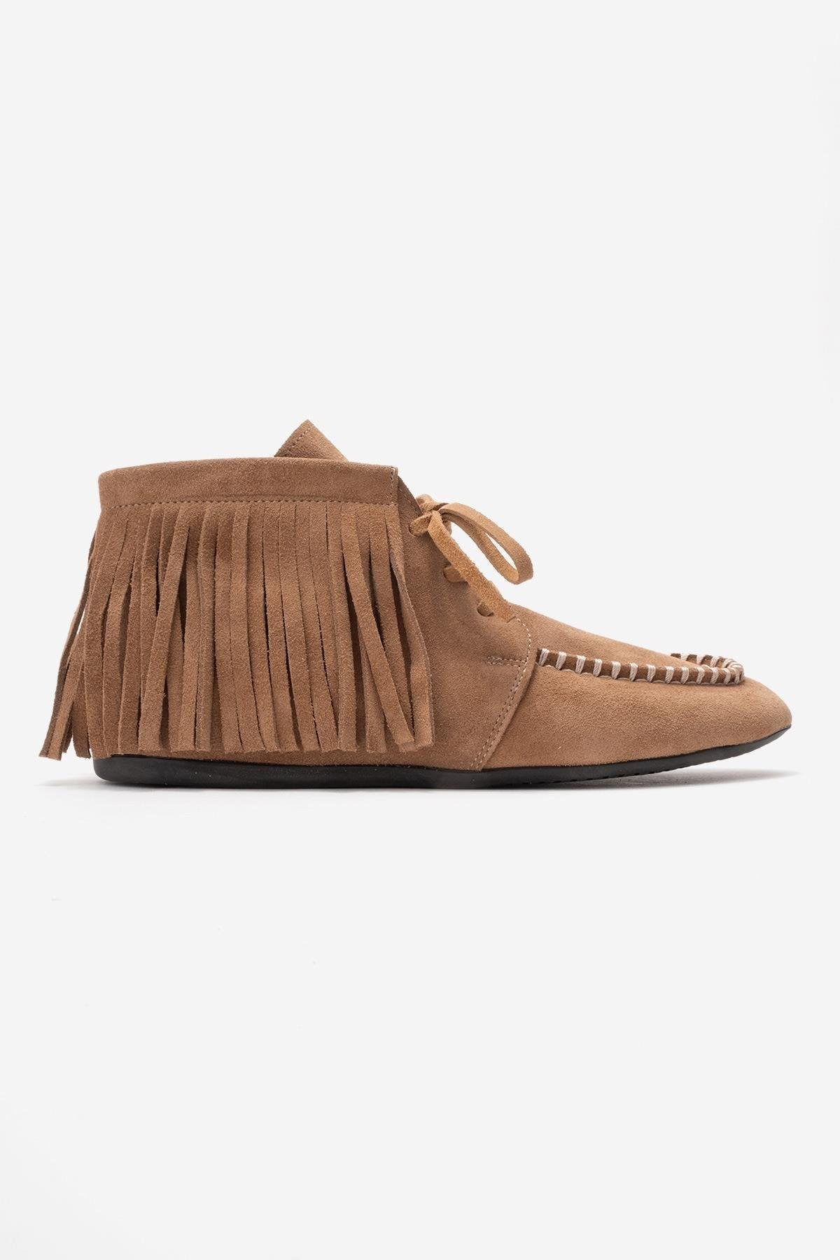 RAUX - Taupe Genuine Suede Leather Fringed Ankle Boot – top view showing leather, suede, Vowalisse