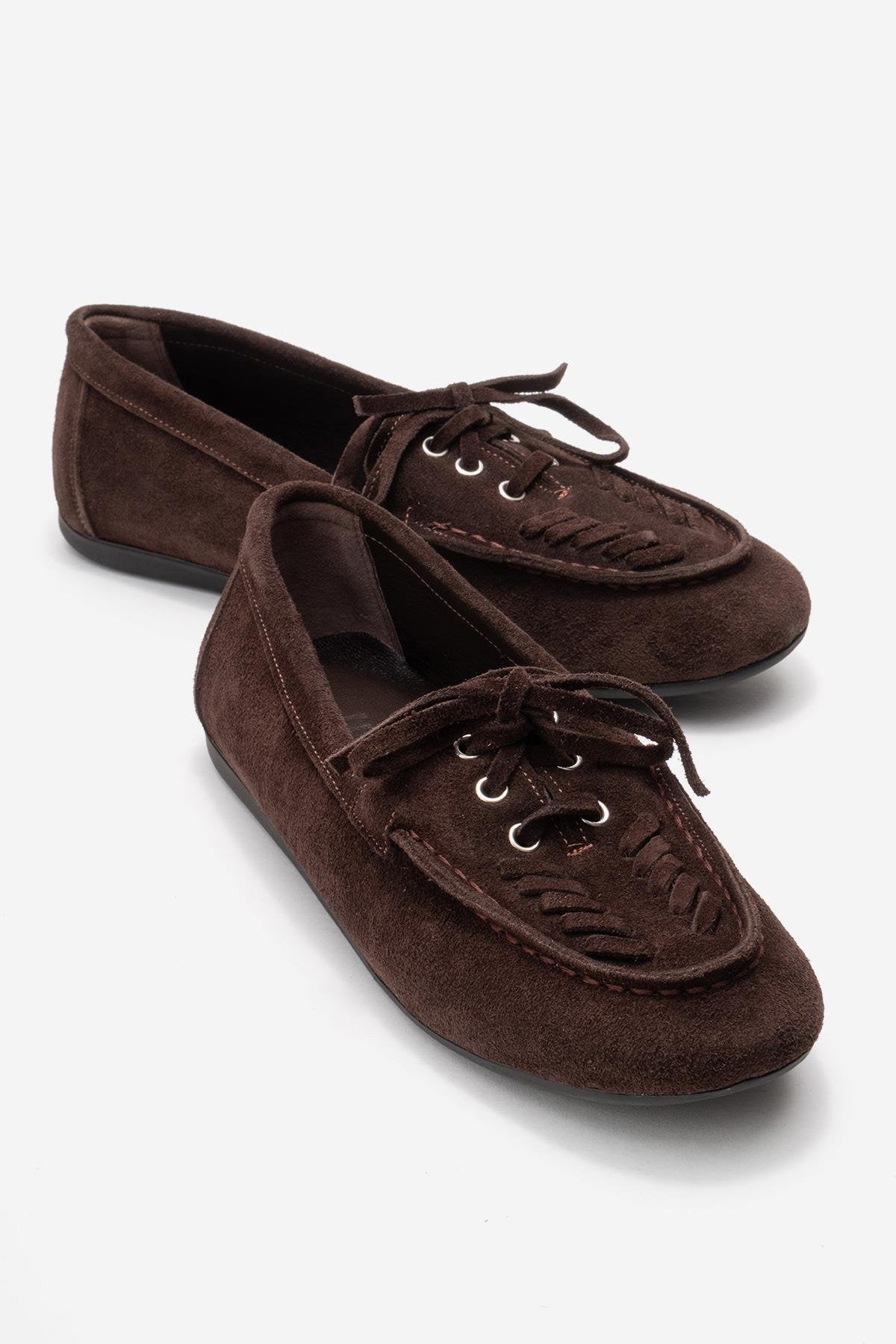 LORVEN - Brown Genuine Suede Leather Lace-Up Loafer – front three-quarter view showing lace, leather, suede, Vowalisse